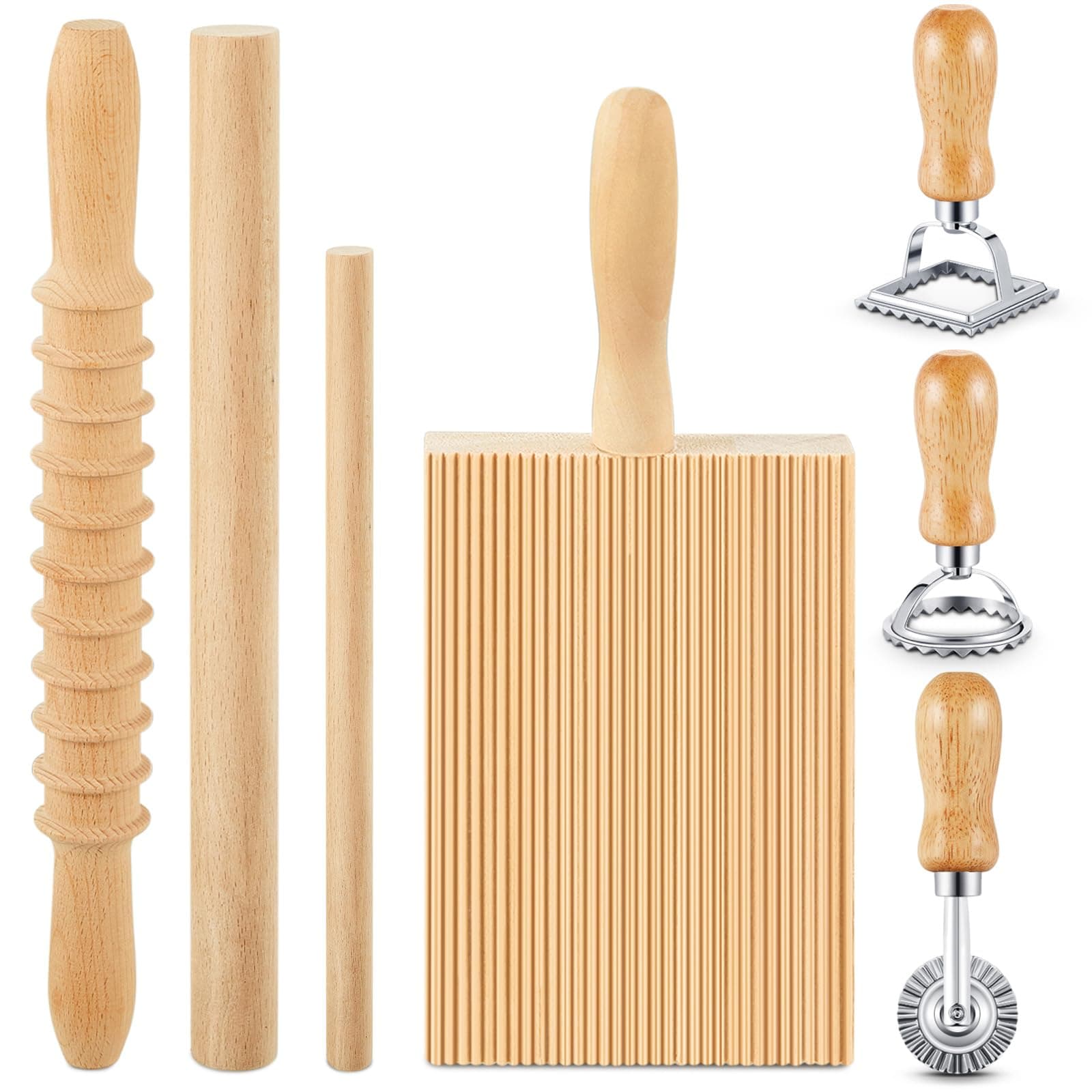 Tioncy 7 Pcs Pasta Making Tool Set Wood Gnocchi Board with Ravioli Stamp Ravioli Maker and Rolling Pin for Gnocchi Garganelli Italian Pasta Tools for Beginners and Home Cooks Kitchen Gift