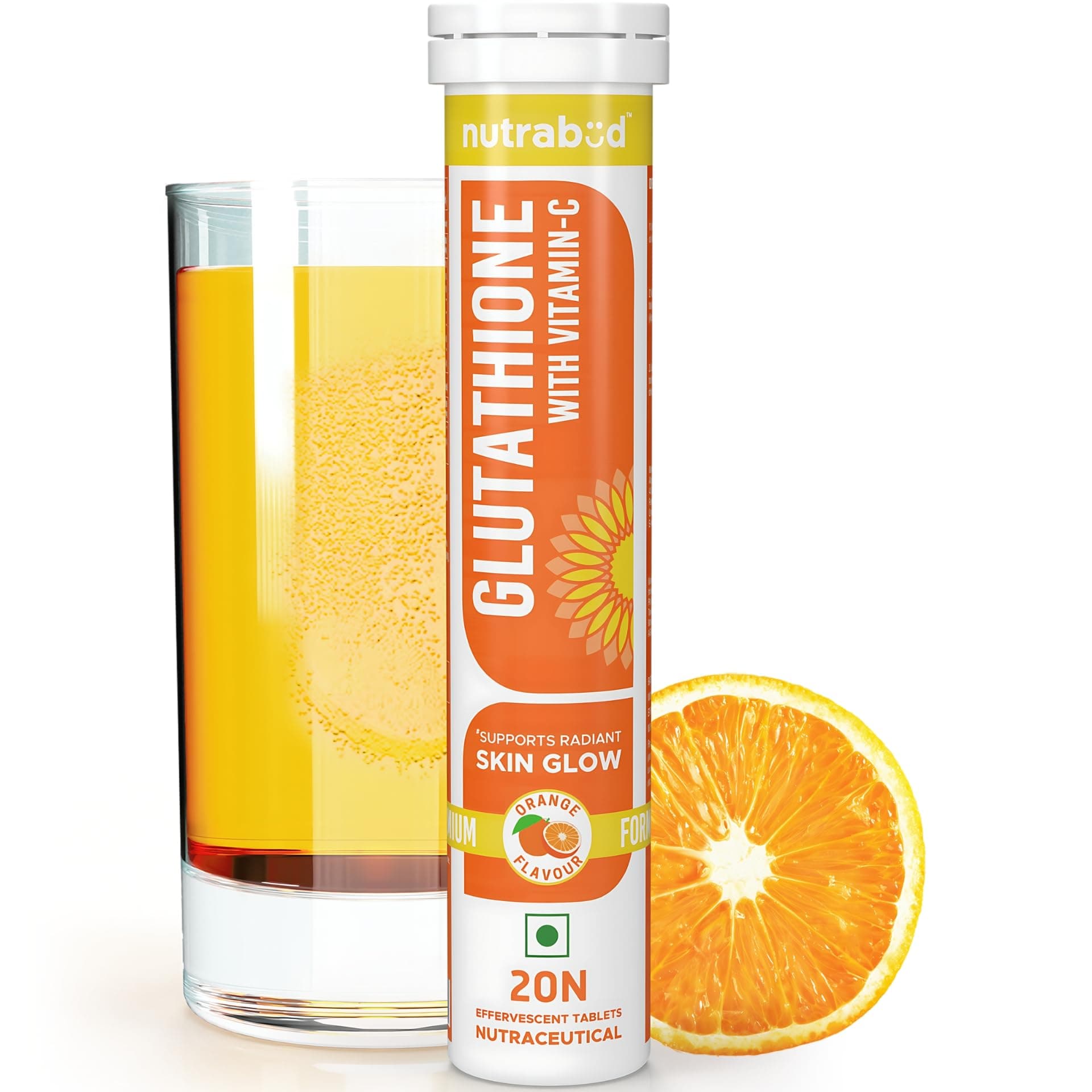 Glutathione Tablets 500mg with Vitamin-C - 20 Effervescent Tablets - Supports Radiant Skin Glow for Women, Men (Orange, 20 Count (Pack of 1))