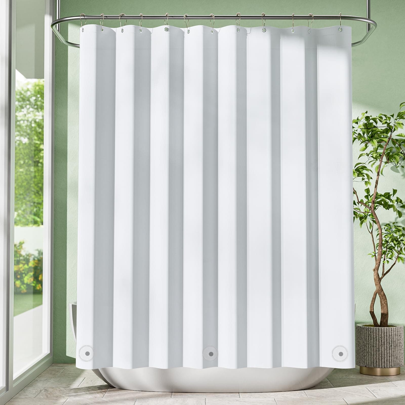 White Shower Curtain Liner with Magnets, 72x72 Plastic Shower Liner PEVA Waterproof Medium Weight Inside Shower Curtains Liner for Bathroom with Rustproof Grommet