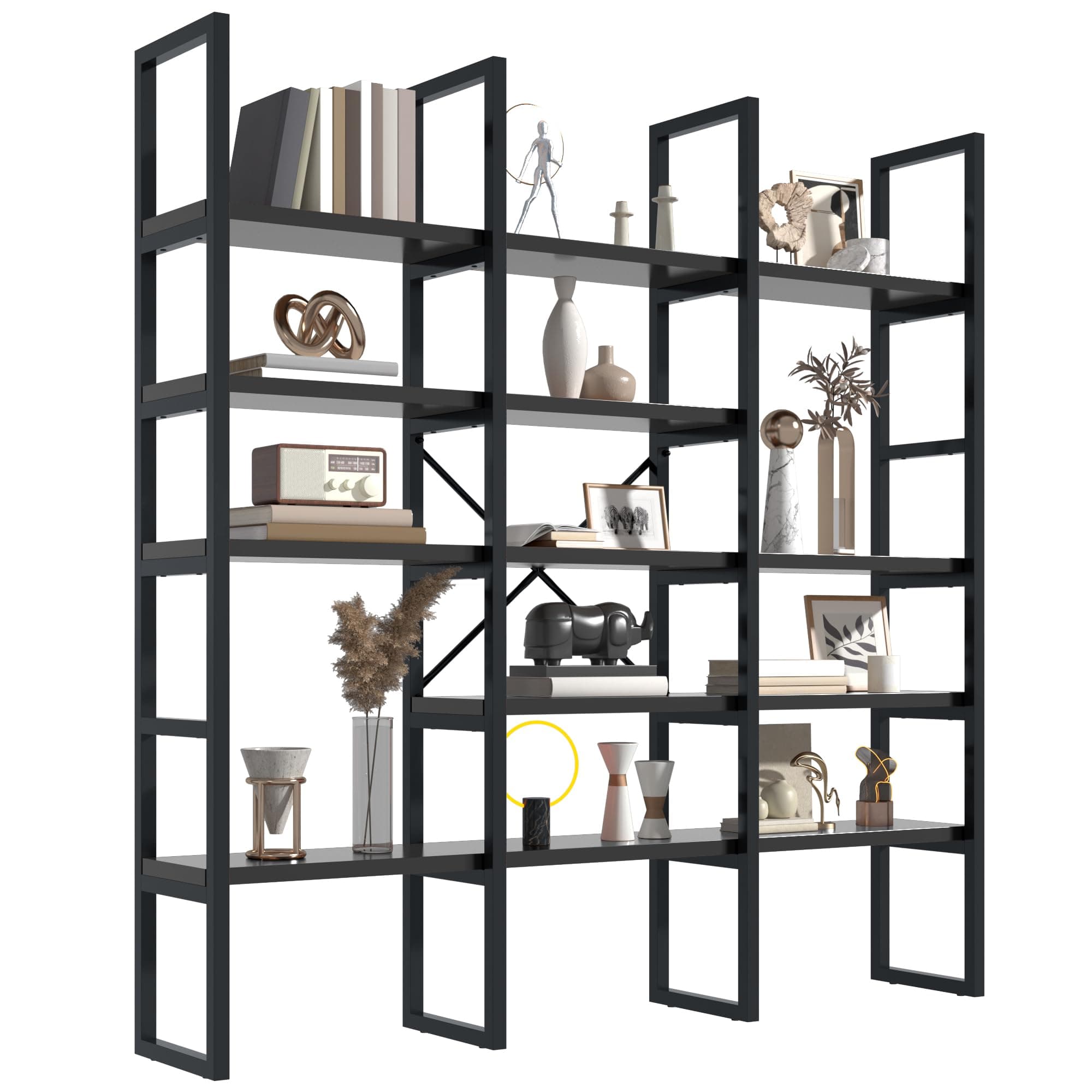 Jehiatek Large Bookshelf 5 Tiers, Triple Wide Geometric Bookcase, 71 Inches Tall Industrial Book Shelves Etagere Book Case, Sturdy Metal Frame, Freestanding Display Shelving Unit, Black