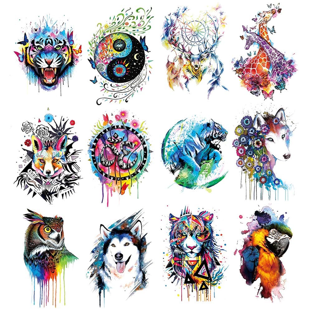 Oottati 12 Sheets Large Temporary Tattoos - 21x15cm Flower Arm Watercolor Hand Paint Fox Wolf Tiger Tai Chi Giraffe Deer Dream Catcher Owl Macaw Parrot For Men and Women