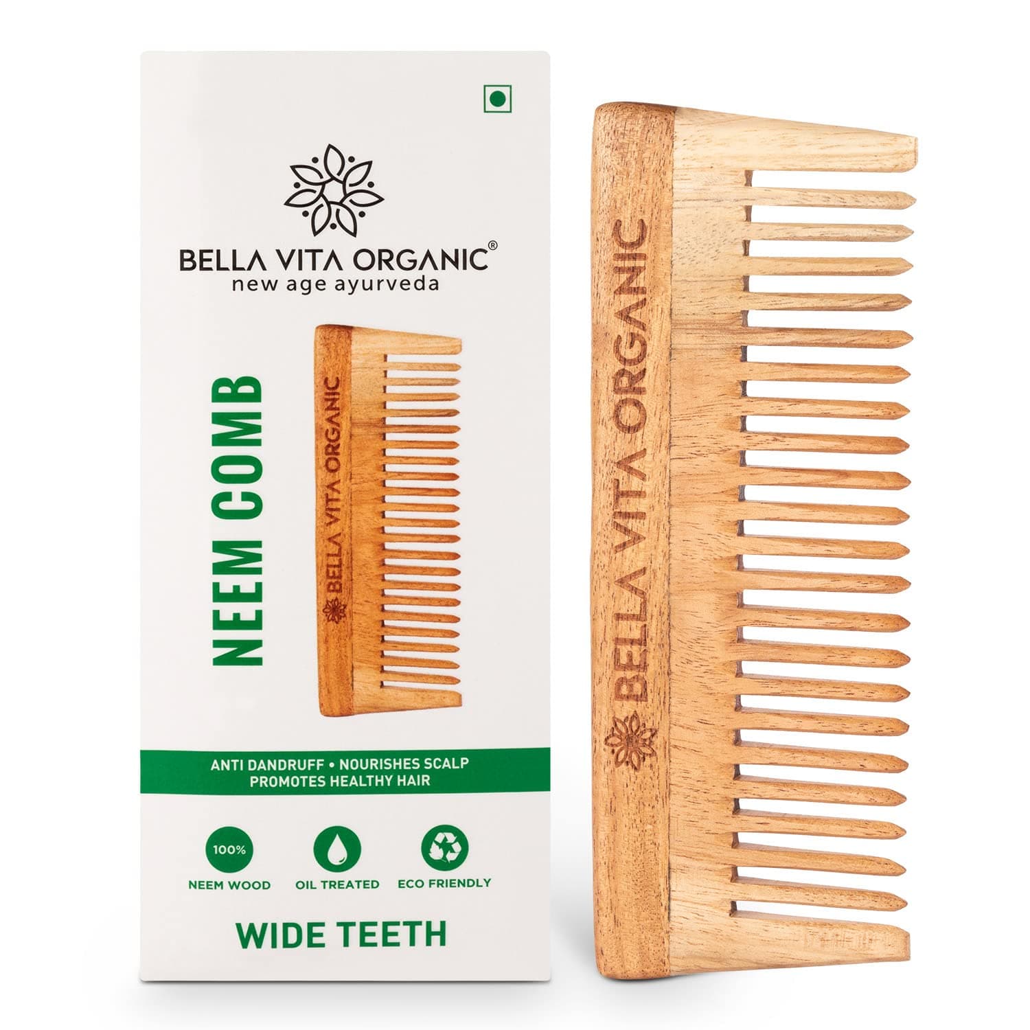 Bella Vita Organic Neem wooden comb wide teeth for detangled hair, healthy & dandruff free scalp