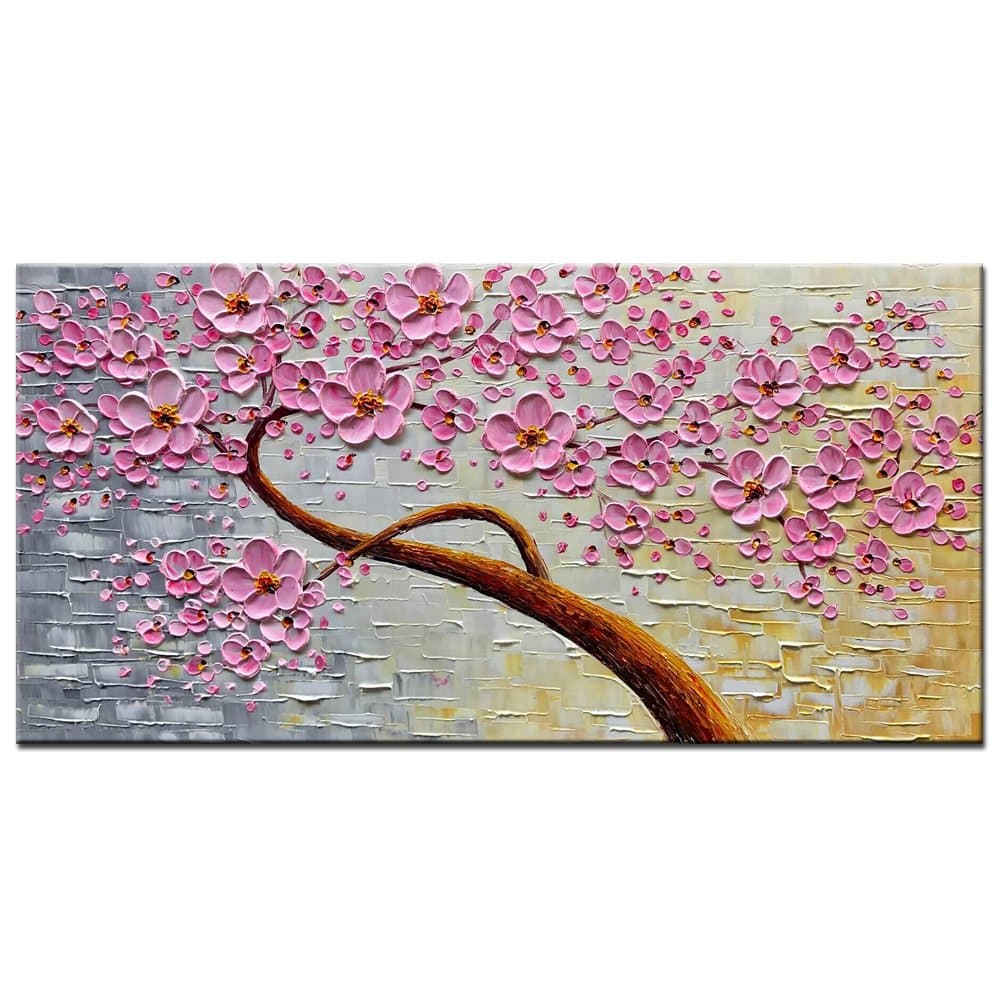 Okbonn-100% Hand Painted 3D Oil Paintings on Canvas Large Modern Abstract Wall Art Texture Picture Purple Pink Plum Blossom Art for Living Room Bedroom Wall Decor (24X48 inch)
