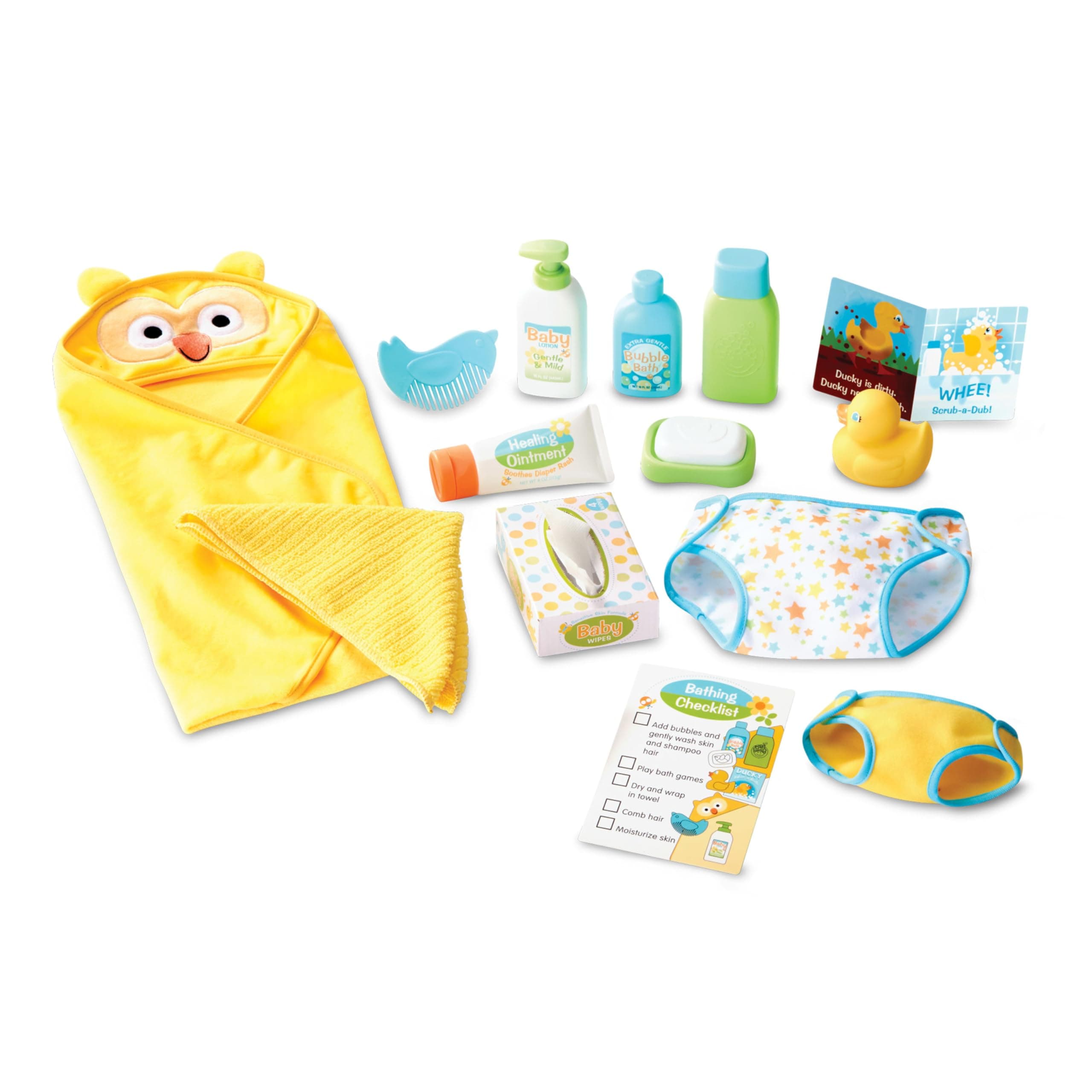 Mine to Love Changing & Bathtime Play Set for Dolls - Diapers, Pretend Shampoo, Wipes, Towel, More (19 Pcs)