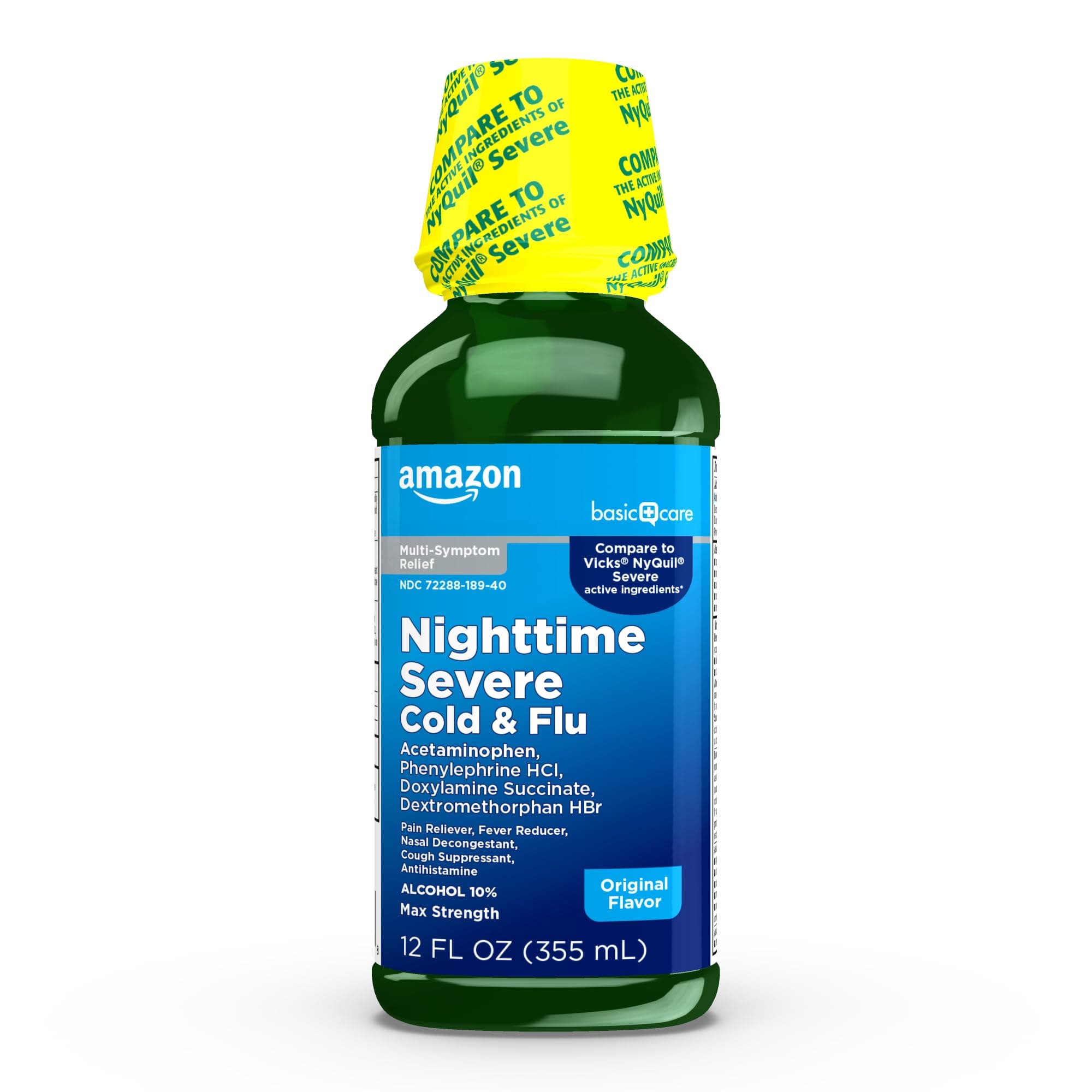 Nighttime Severe Cold and Flu Syrup, Max Strength Liquid Medicine for Cough, Sore Throat, Nasal Congestion, Pain Reliever, Fever Reducer, Original, 12 fl oz