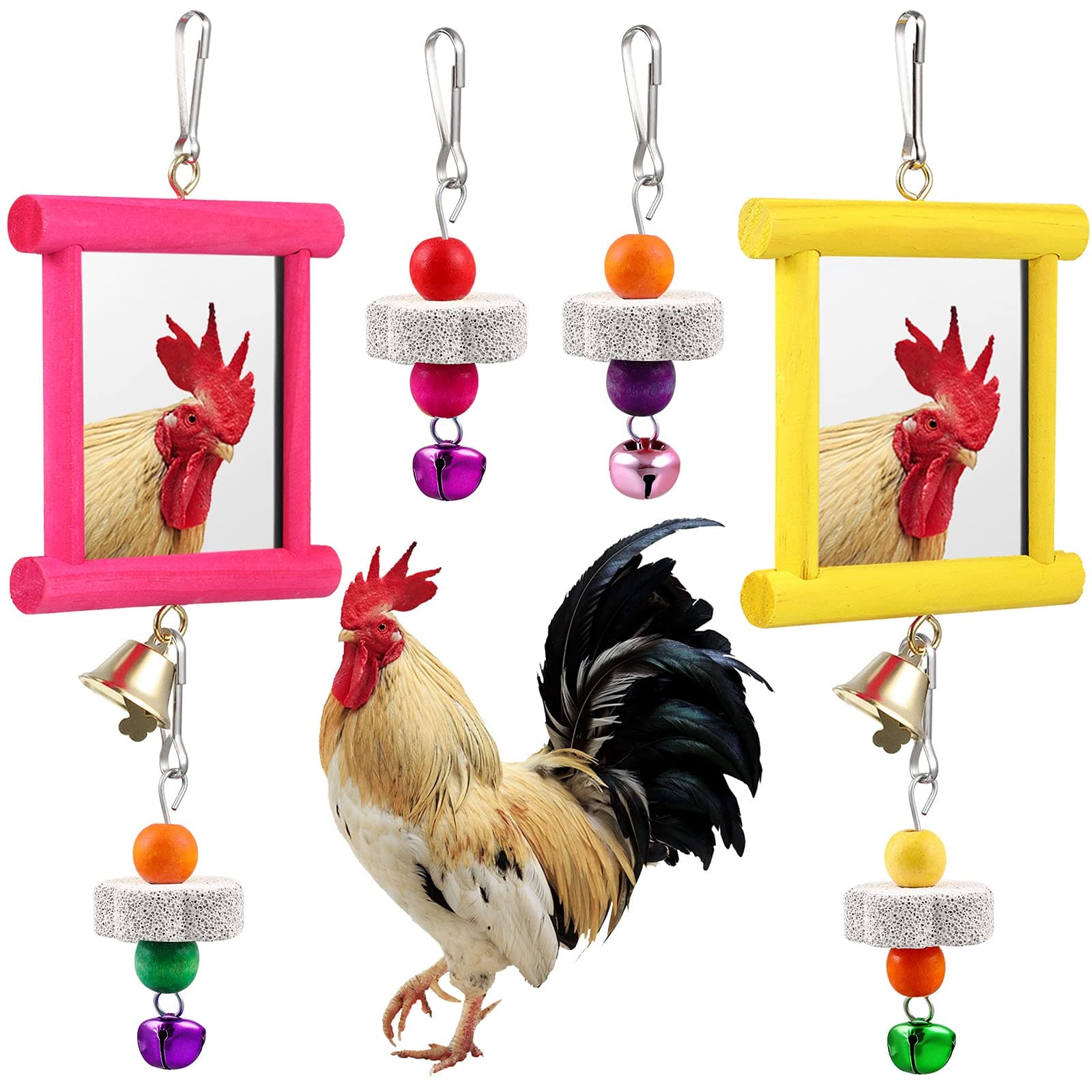 Sumind 2 Pieces Chicken Mirror Toys Hanging Swing Mirror with Bell Wooden Pecking Toy and 4 Pieces Beak Grinding Molar Stones for Hens Birds Parrots