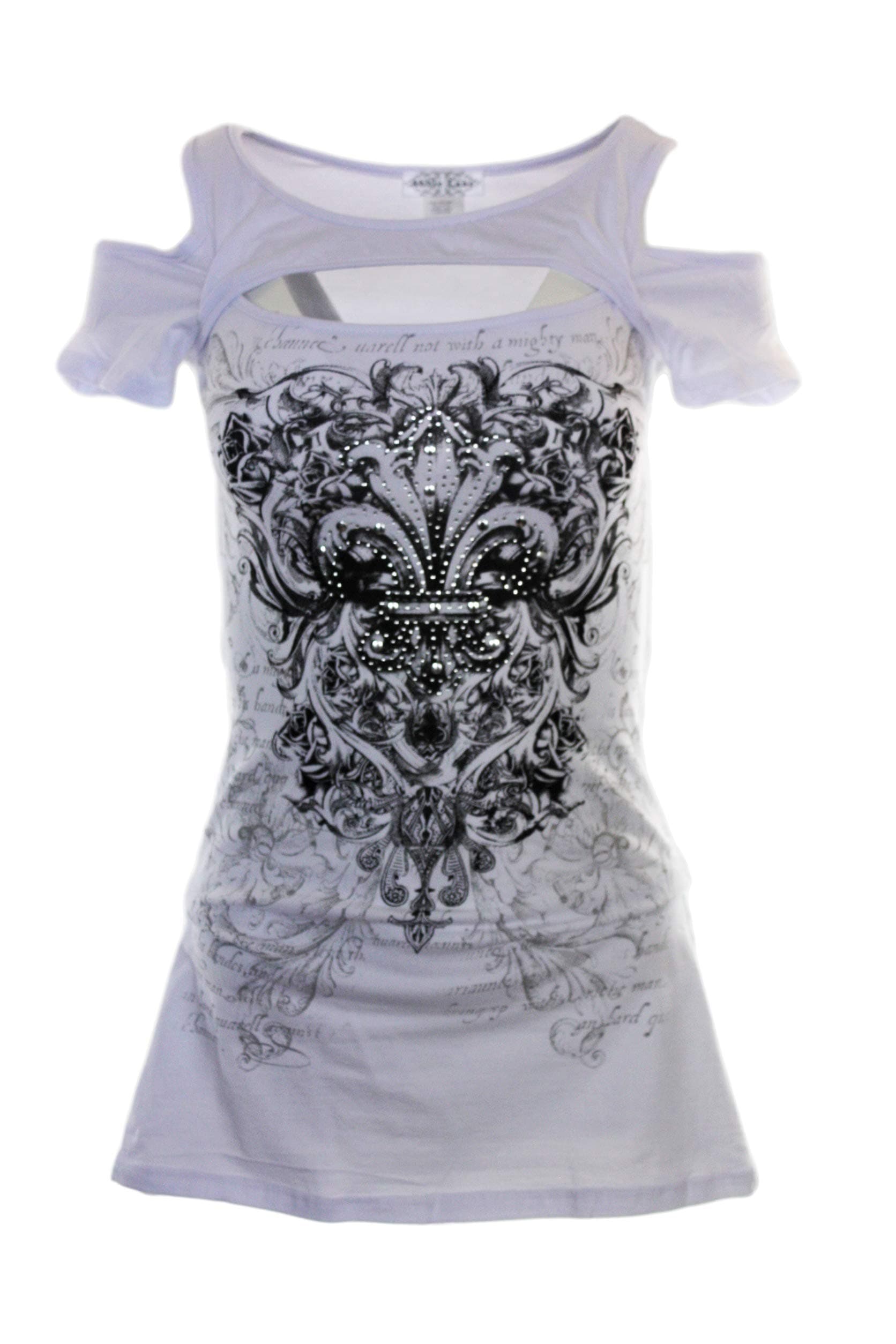 Bling Rhinestone Cross Fleur De Lis Wings Peekaboo Open Cold Shoulder New Top