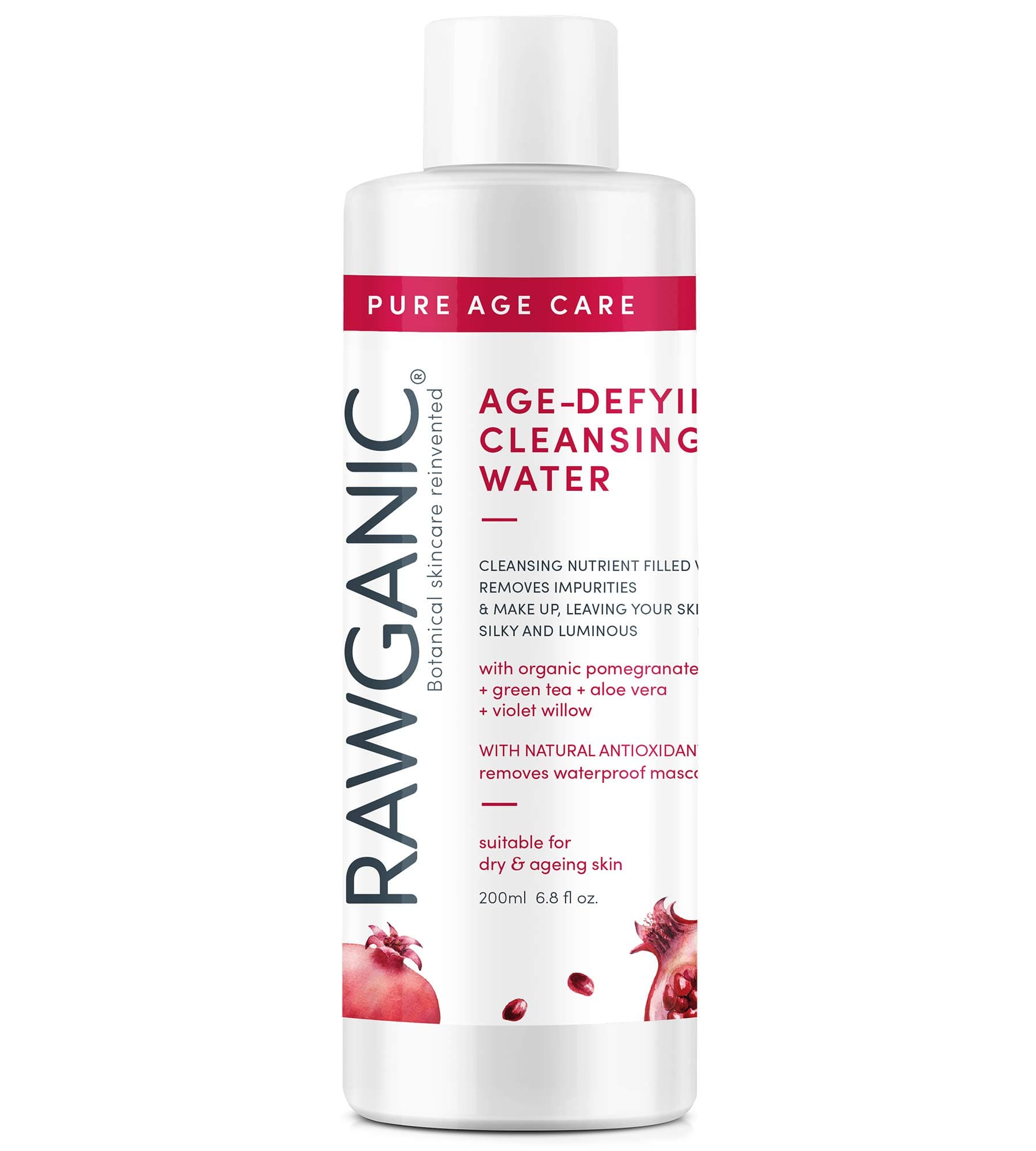 RAWGANIC Anti-aging Cleansing Water | Gentle Organic Micellar Water | with Aloe Vera, Pomegranate, Violet Willow & Green Tea | 200ml bottle