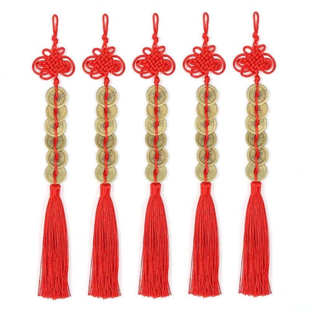 Retro 6 Coins Red Chinese Knot Copper Feng Shui Wealth Success Lucky Charm Home Car Hanger Decors (Pack of 10)