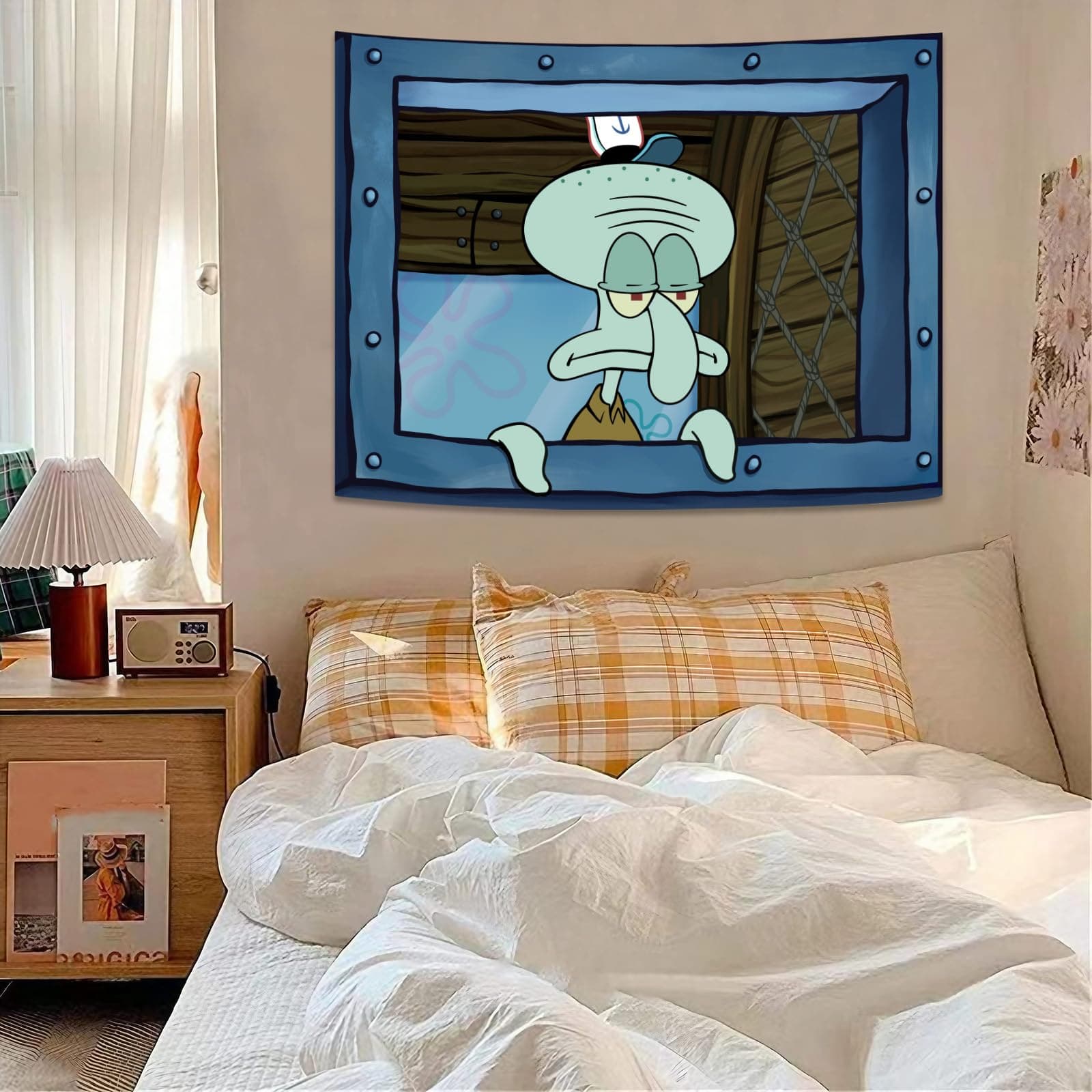 BeyBoyJoy Funny Meme Tapestry, SpongeBob Anime Octopus Cartoon Squidward Tentacles Window Tapestries for Bedroom Living Room Wall Decor 36×48 inch
