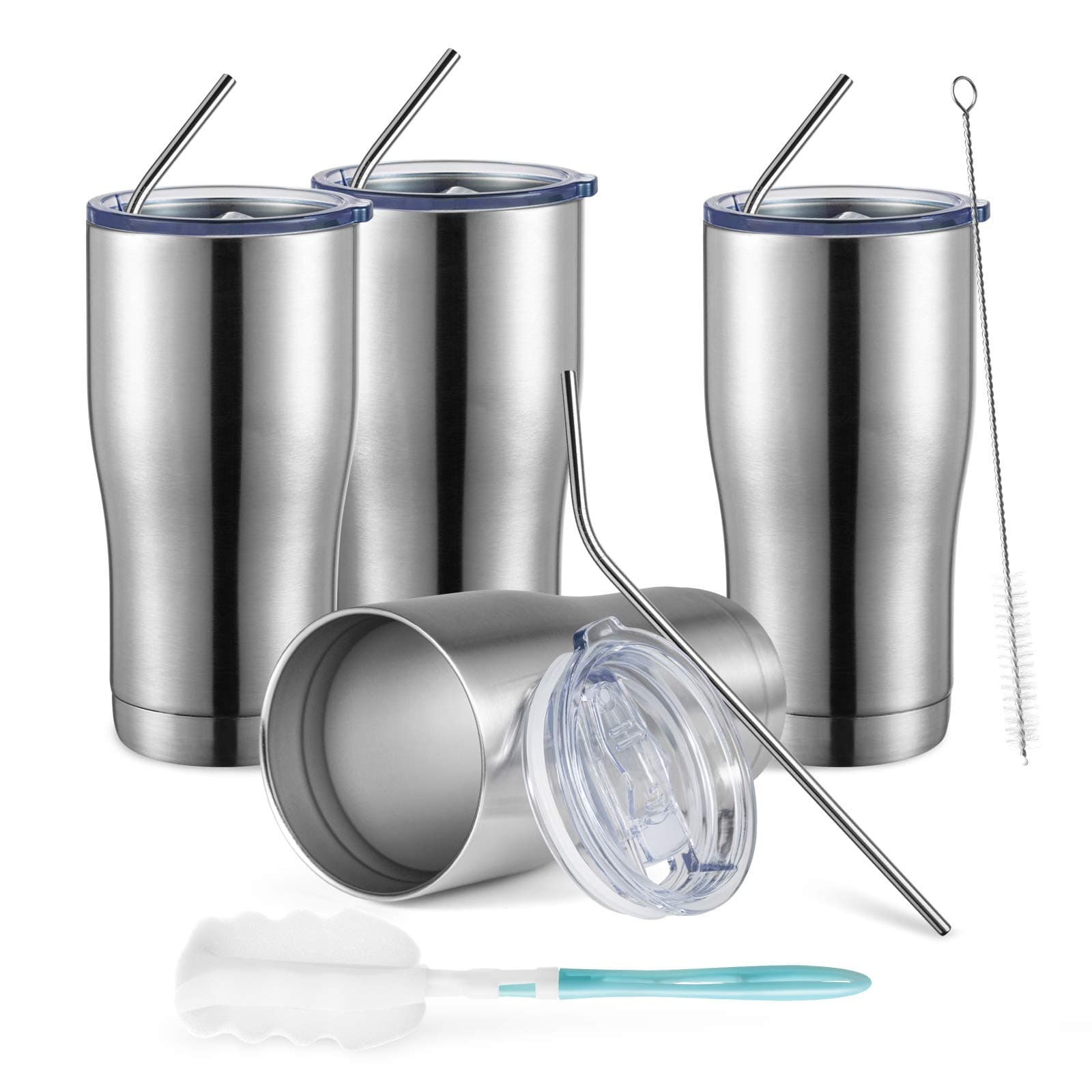 COMOOO 20oz Stainless Steel Tumbler with Lid and Straw, Double Wall Vacuum Insulated Travel Mug,Thermal Coffee Tumbler Cups Powder Coated Durable for Hot and Cold Drinks (Silver, 4 PACK)