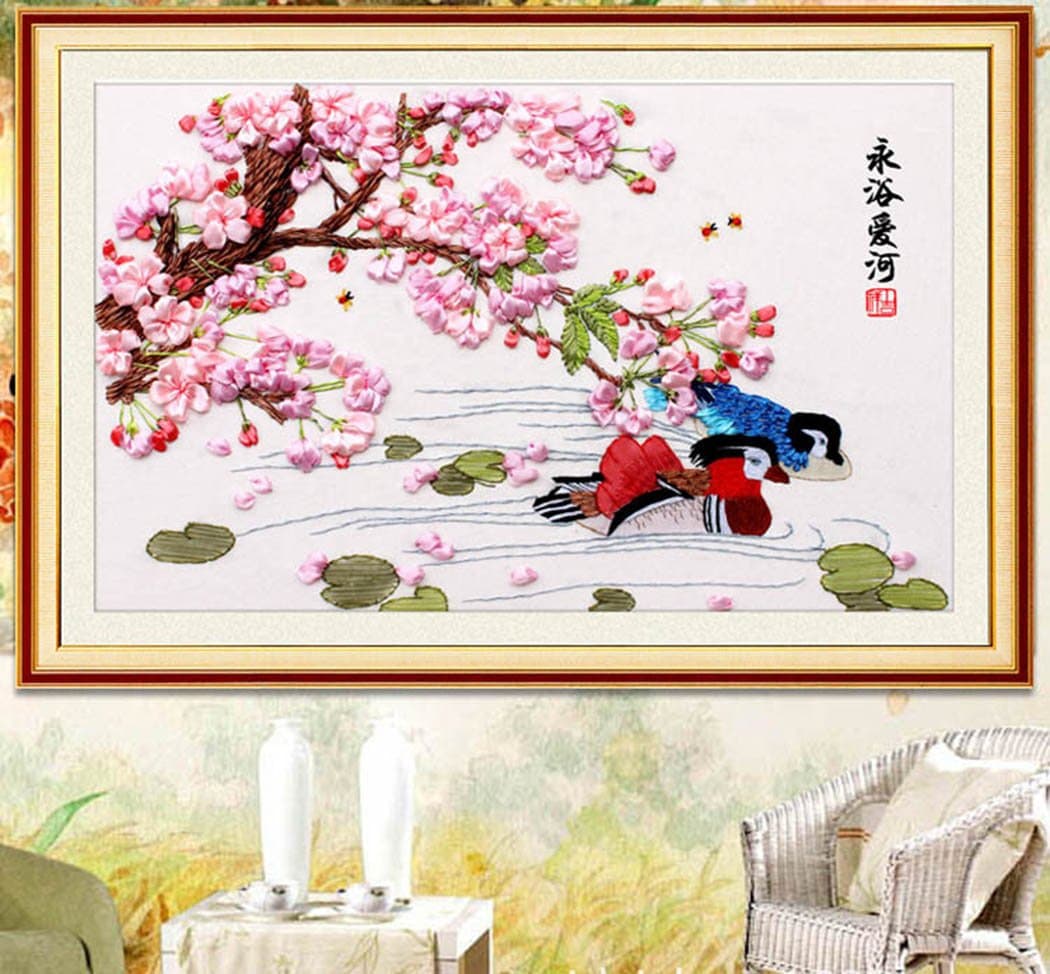 Aureate Handmade Completed Ribbon Embroidery Canvas Wall Art Home Decoration Floral Birds 35"×24"