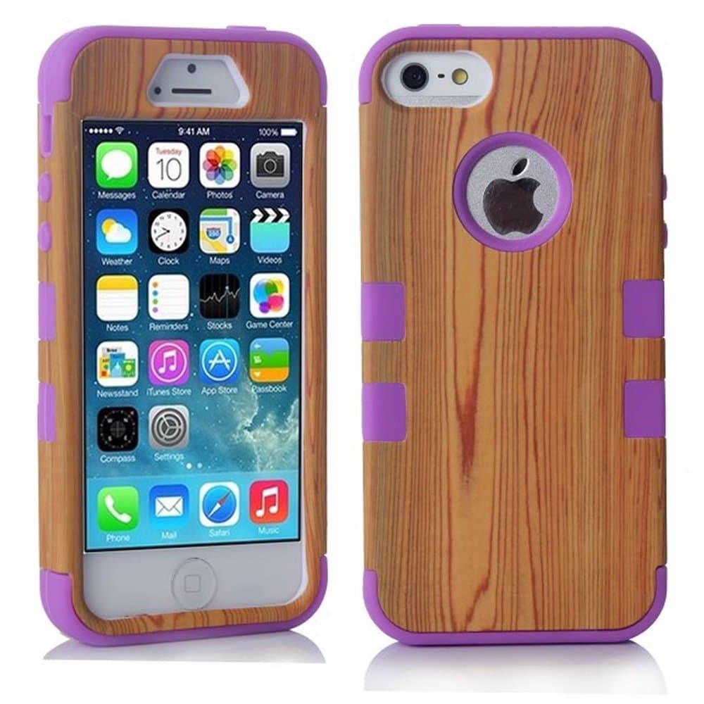 iPhone 5S Case, LERBO Hard Wood With Silicone Design Hybrid case for iphone5 5S(Purple)