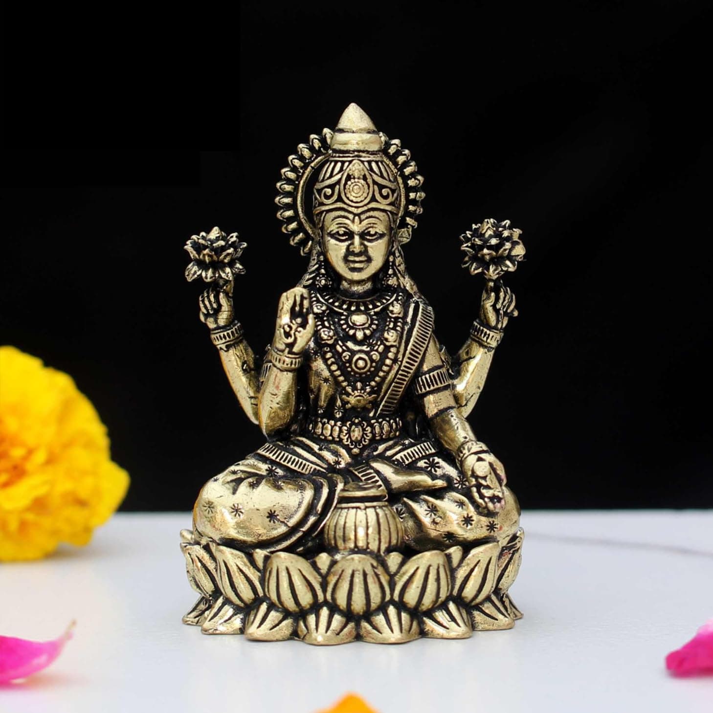 INDICAST Handcrafted Brass Goddess Laxmi Statue for Home Temple | 3" Maa Laks...