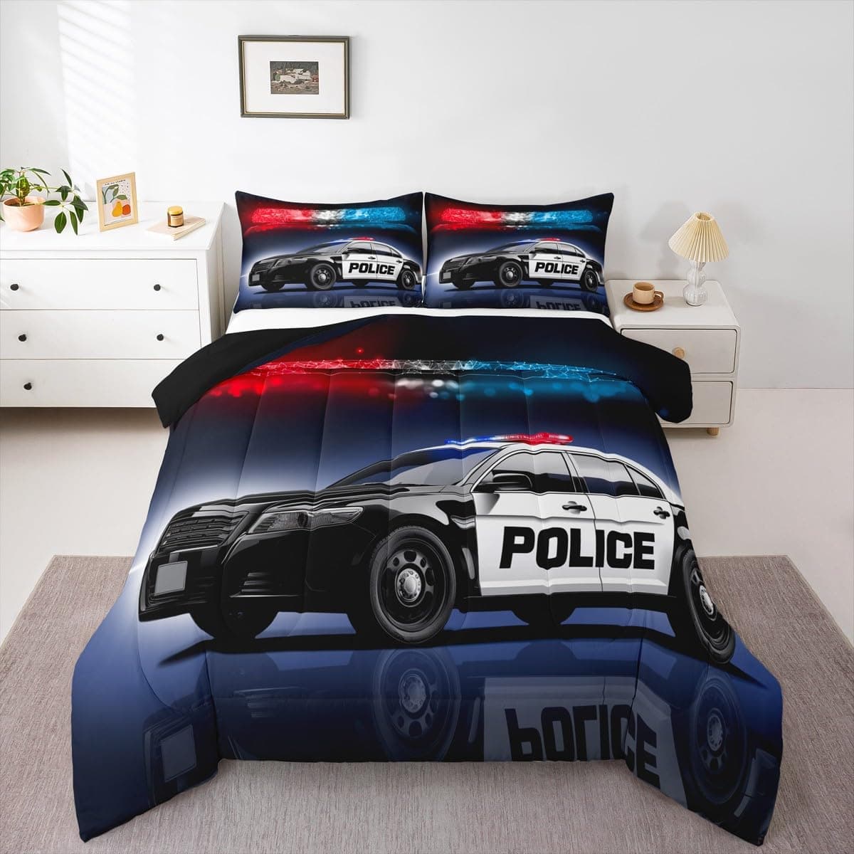 Erosebridal Police Car Comforter Sets Twin Size,Policeman Vehicle Bedding Set for Kids Boys Children,Red Blue Cop Lights Down Comforter Geometric Graphics Duvet Sets Bedroom Decor with 1 Pillow Case