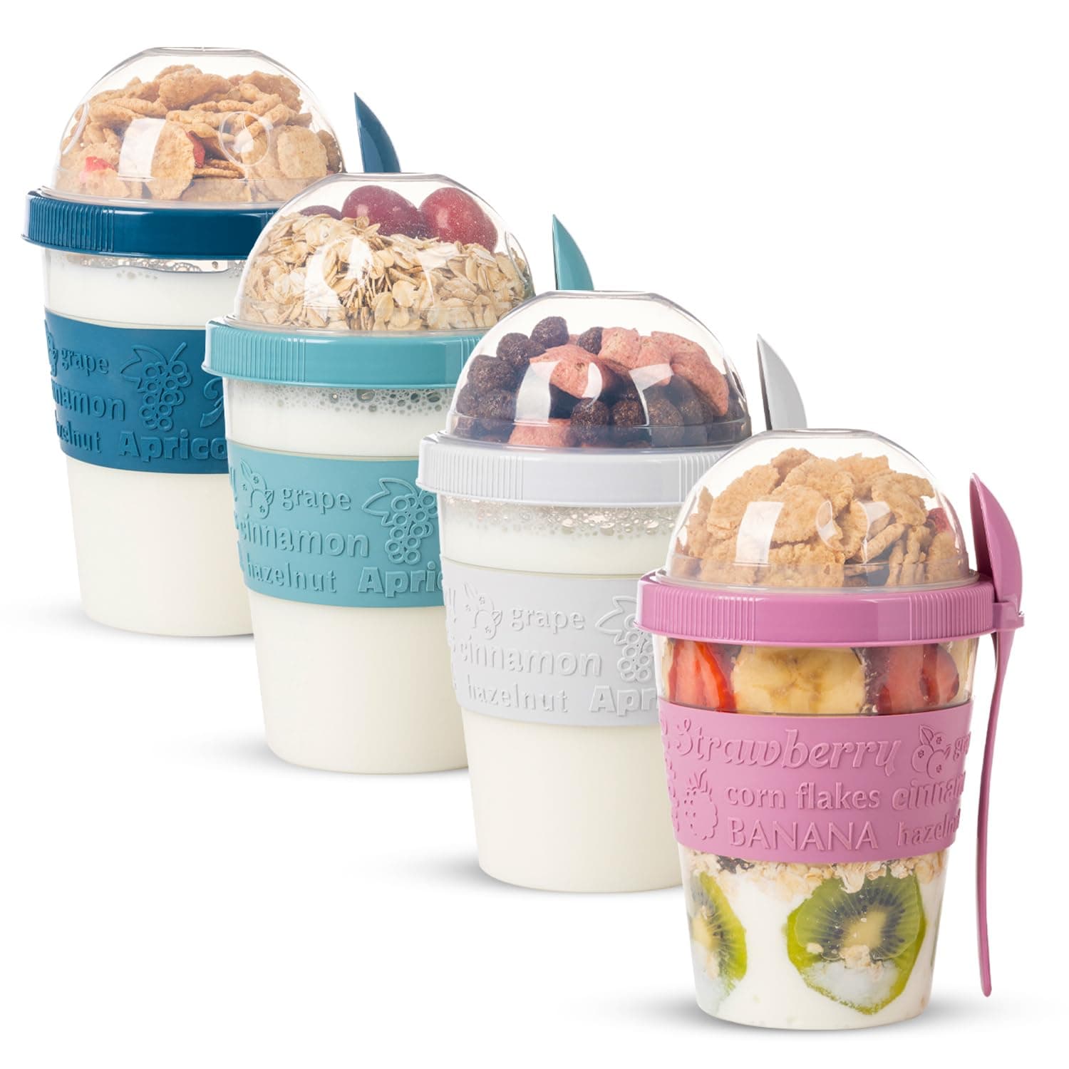 On The Go Cereal Yogurt Cups with Lids and Spoon, Overnight Oats Container, Reusable Parfait Plastic Milk Jar Breakfast Crunch Granola Oatmeal Smoothie Snack Prep Bowl To Take Along