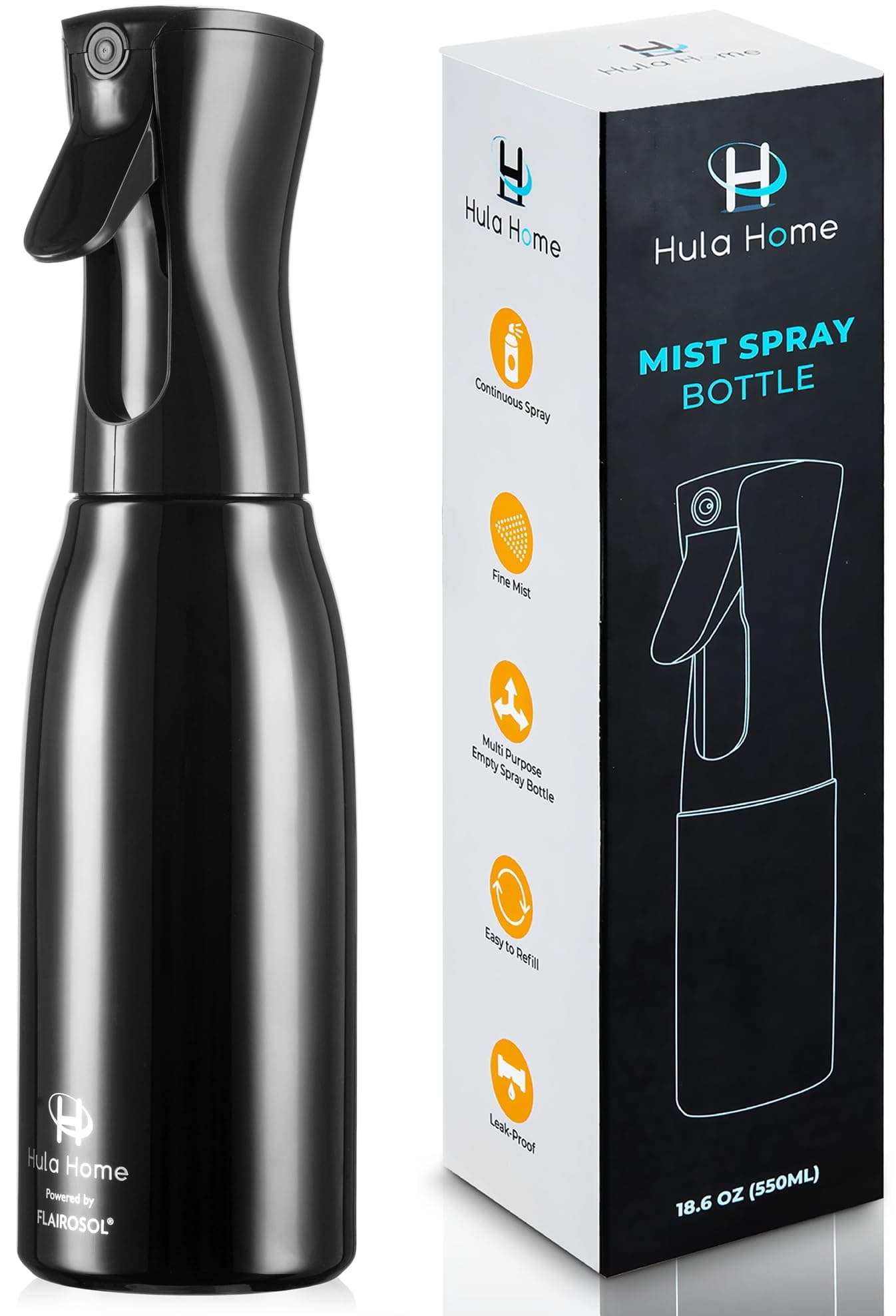 Hula Home Spray Bottle for Hair (20oz/590ml) - Powered by Flairosol® Spray Technology - Continuous Ultra Fine Mist Sprayer – For Hairstyling, Cleaning, Salons, Plants, Essential Oil & More - Black