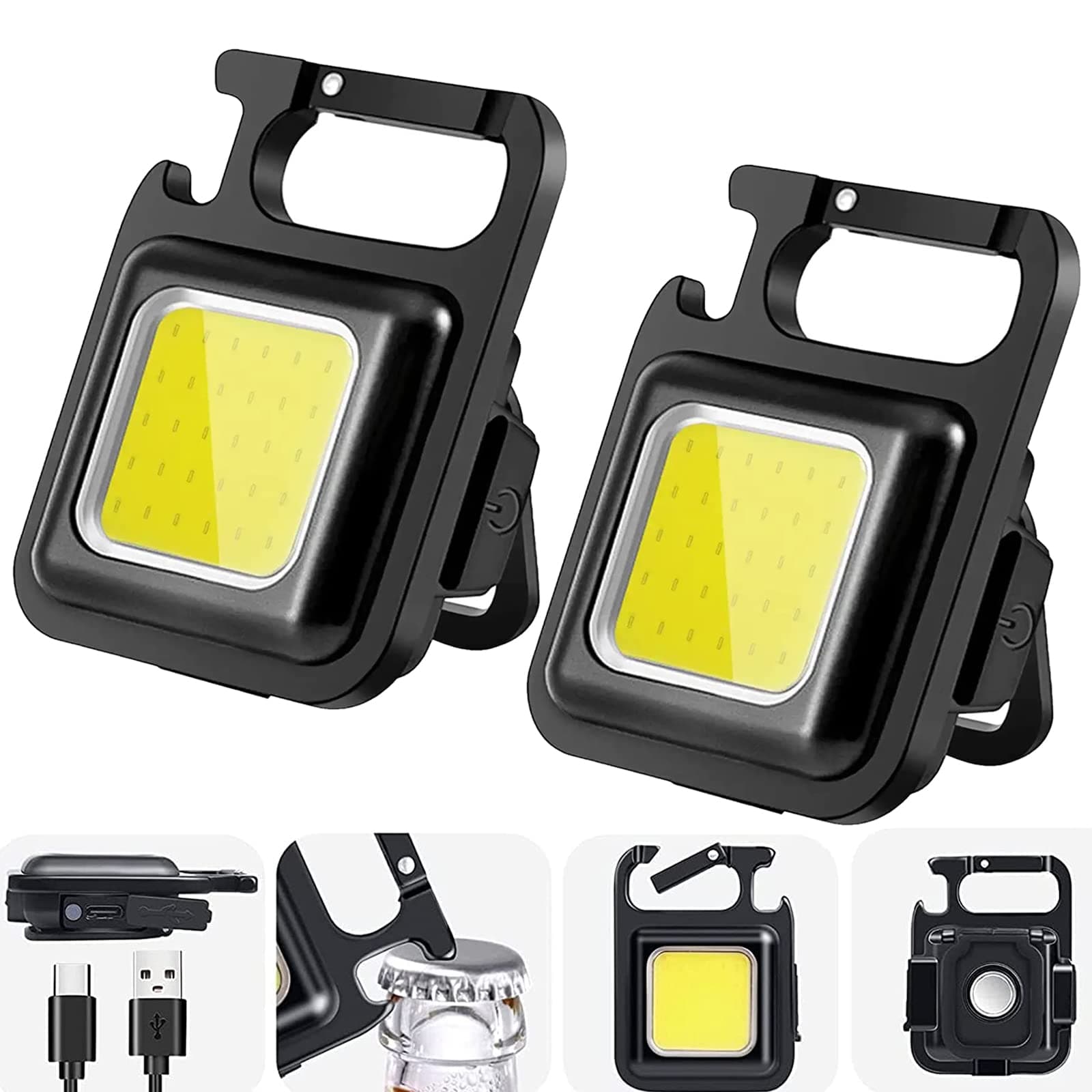 Komire2Pack Mini Keychain Flashlights, 800 Lumens Bright COB Rechargeable Keychain Light Pocket Flashlight 4Light Modes with Folding Bracket Bottle Opener and Magnet Base for Camping & Night Trekking