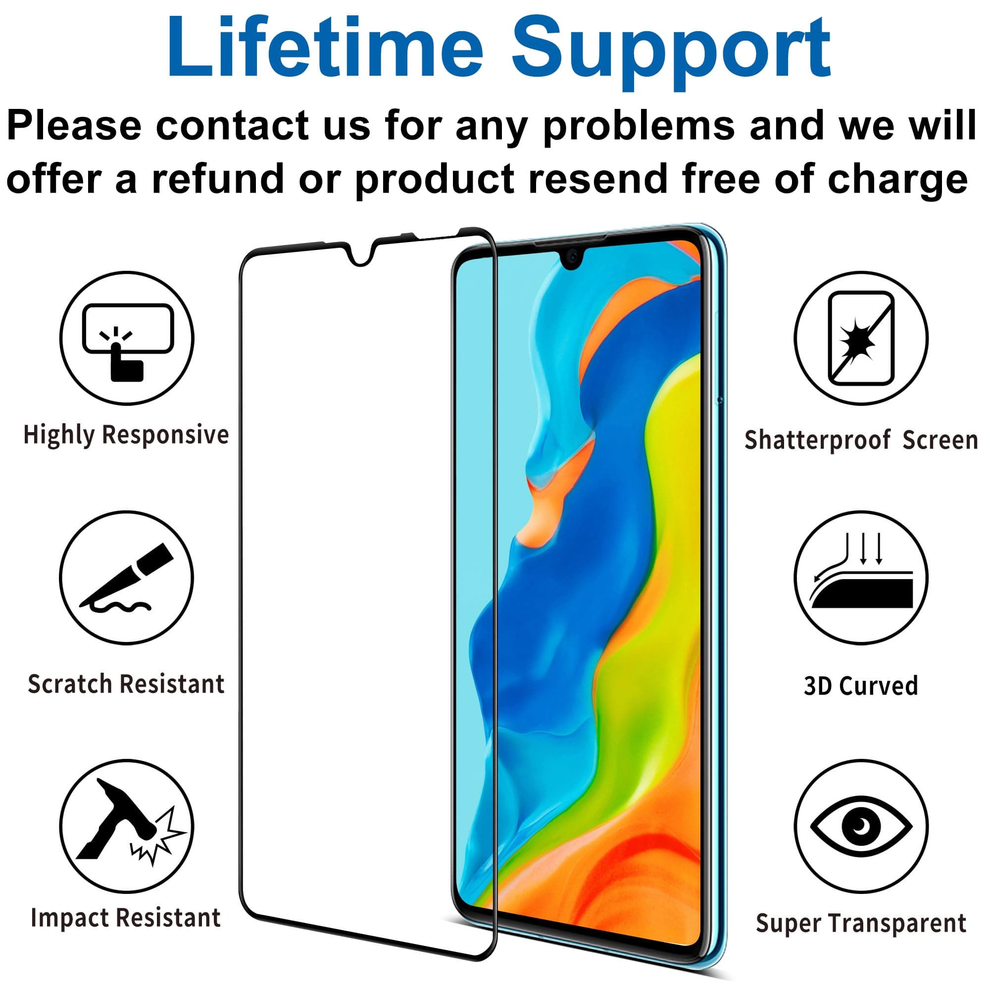 4youquality [3-Pack[Full Coverage] Screen Protector for Huawei P30 Lite, Tempered Glass Film [Full-Coverage][LifetimeSupport][Anti-Scratch][Anti-Shatter]