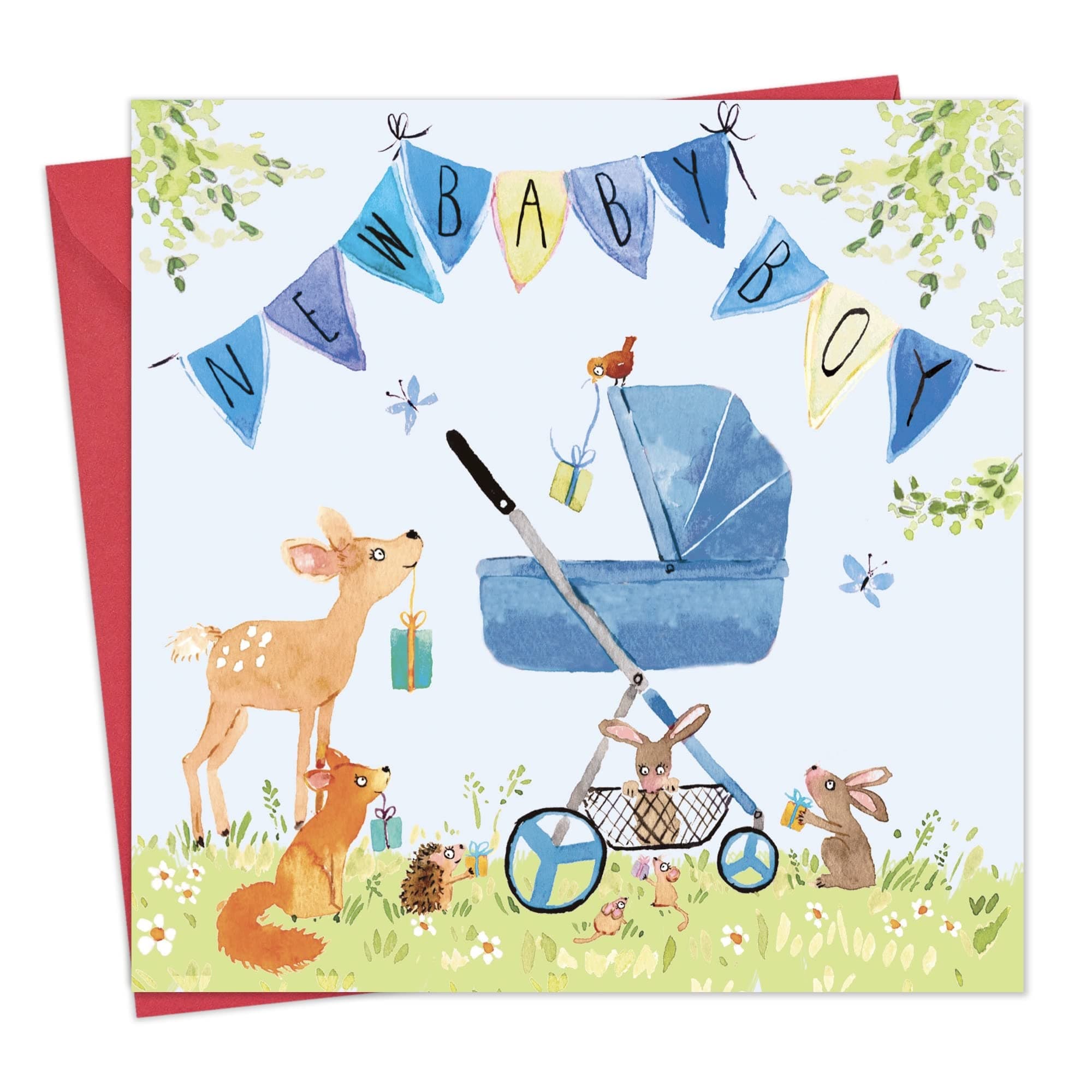 Twizler New Baby Boy Card with Blue Pram, Bunting and Woodland Animals - New Baby Card Boy - Newborn Essentials - Congratulations Card - Cute Card - New Baby Gifts - New Baby Boy Gifts