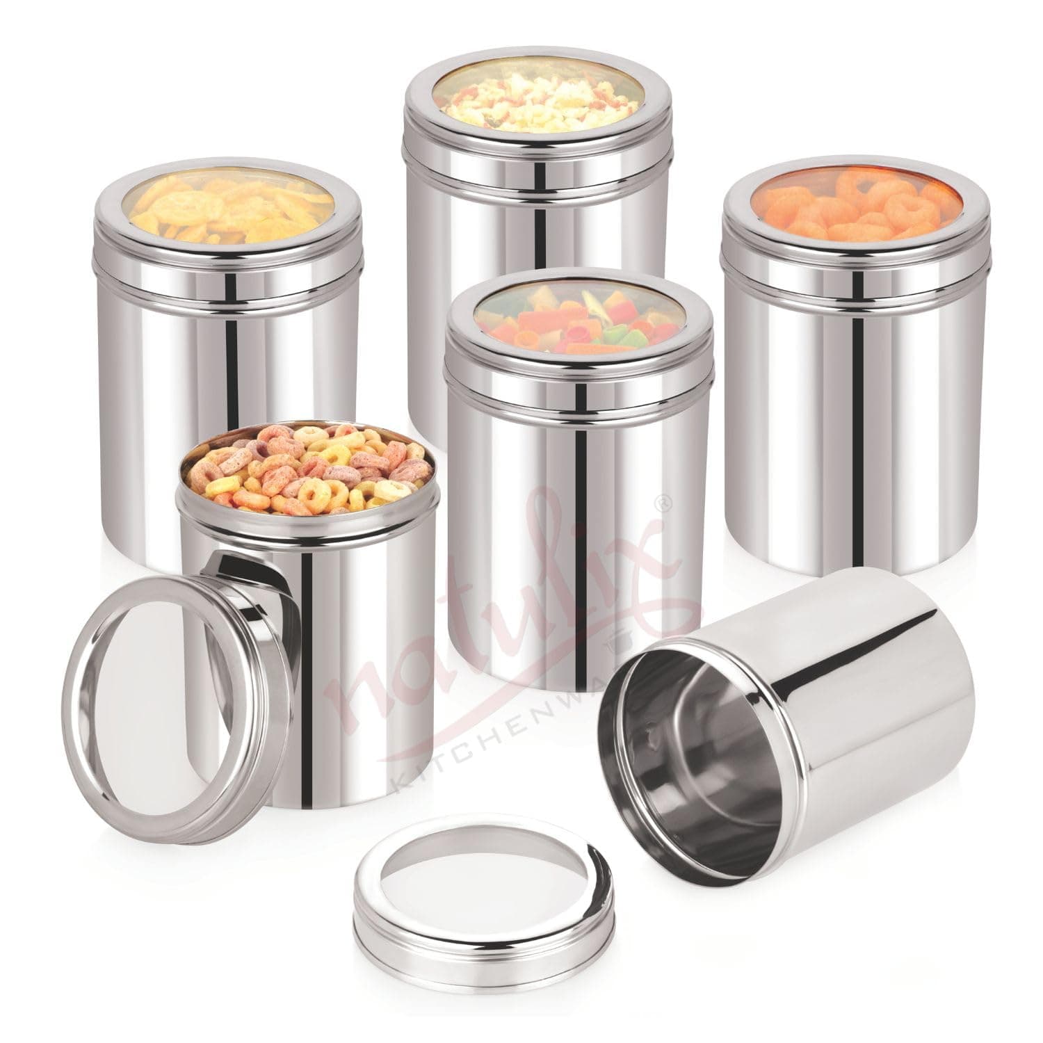 1 Litre Stainless Steel Containers for kitchen with See Through Lid | Ubha Dabba | Vertical Canisters, Silver (1000ml 6pcs) Food Grains Capacity 750gms Approx