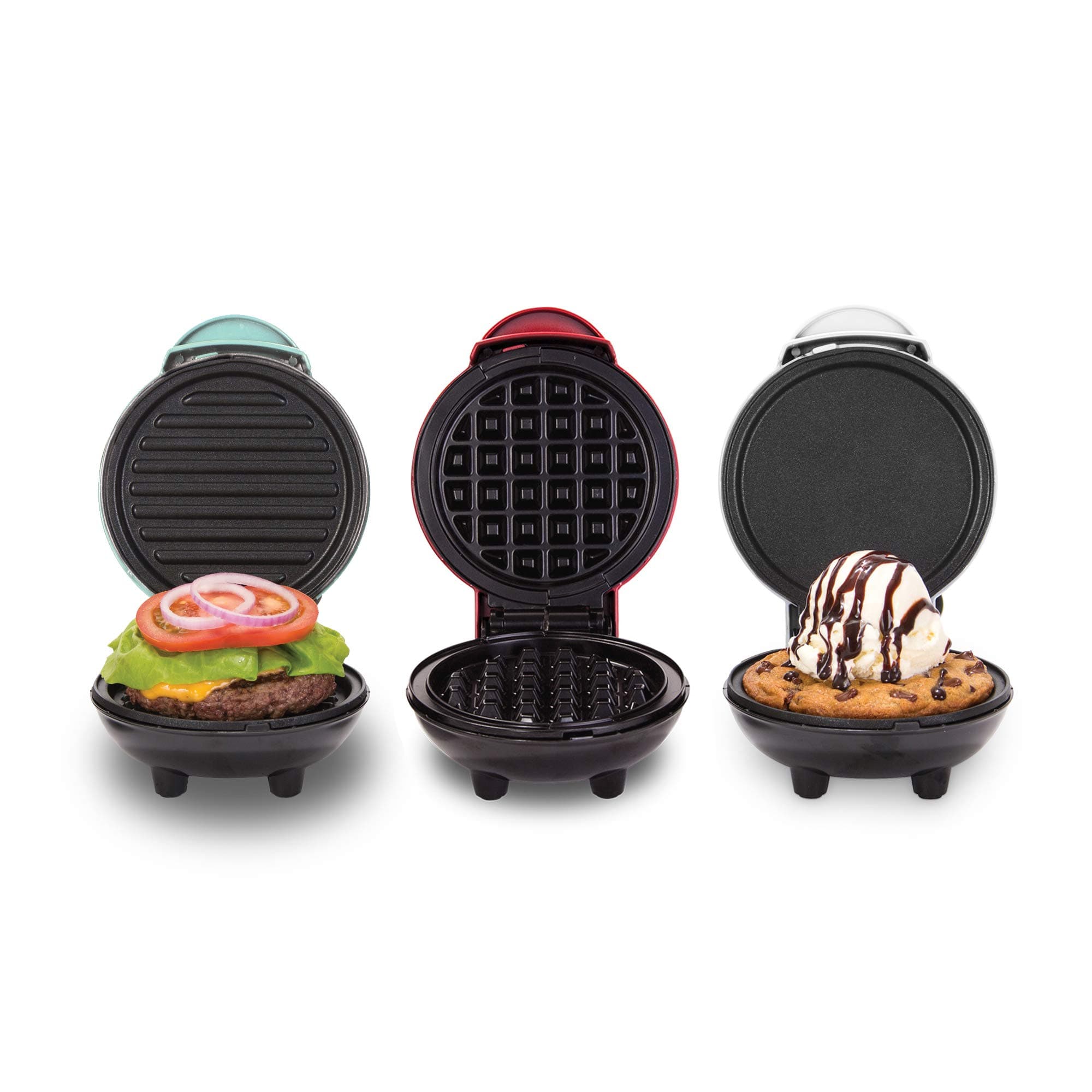 Dash Mini Maker Set - Customized Treat Maker - Supports Multi-Function Cooking - Easy Cleanup and User-Friendly Design - White, Aqua & Red - Waffle, Grill & Griddle Irons
