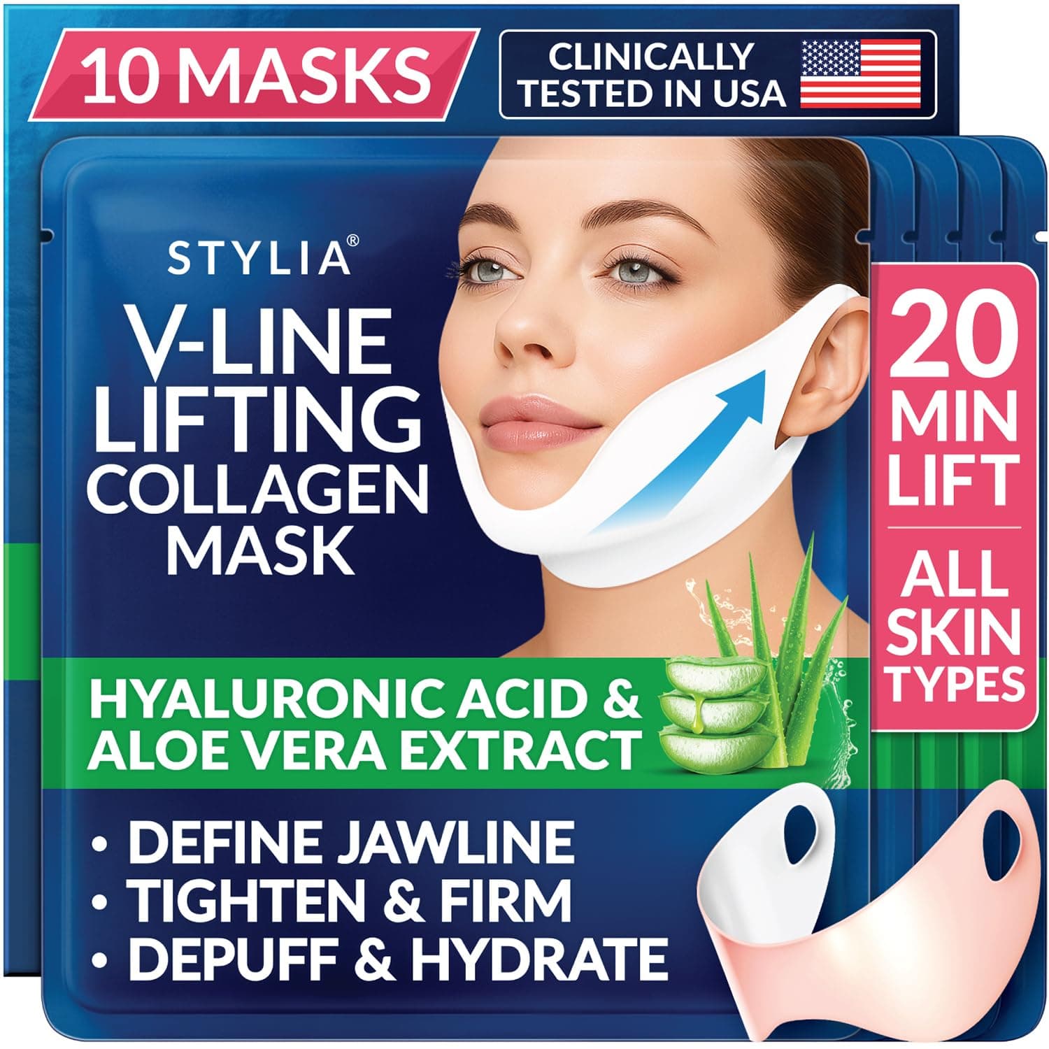 Stylia V Line Lifting Collagen Mask - Lift, Firm & Contour Jawline - Tightening Double Chin Strap with Hyaluronic Acid & Aloe - Neck Tightening and Lifting Mask - Jawline Shaper Face Lift Tape (10PC)