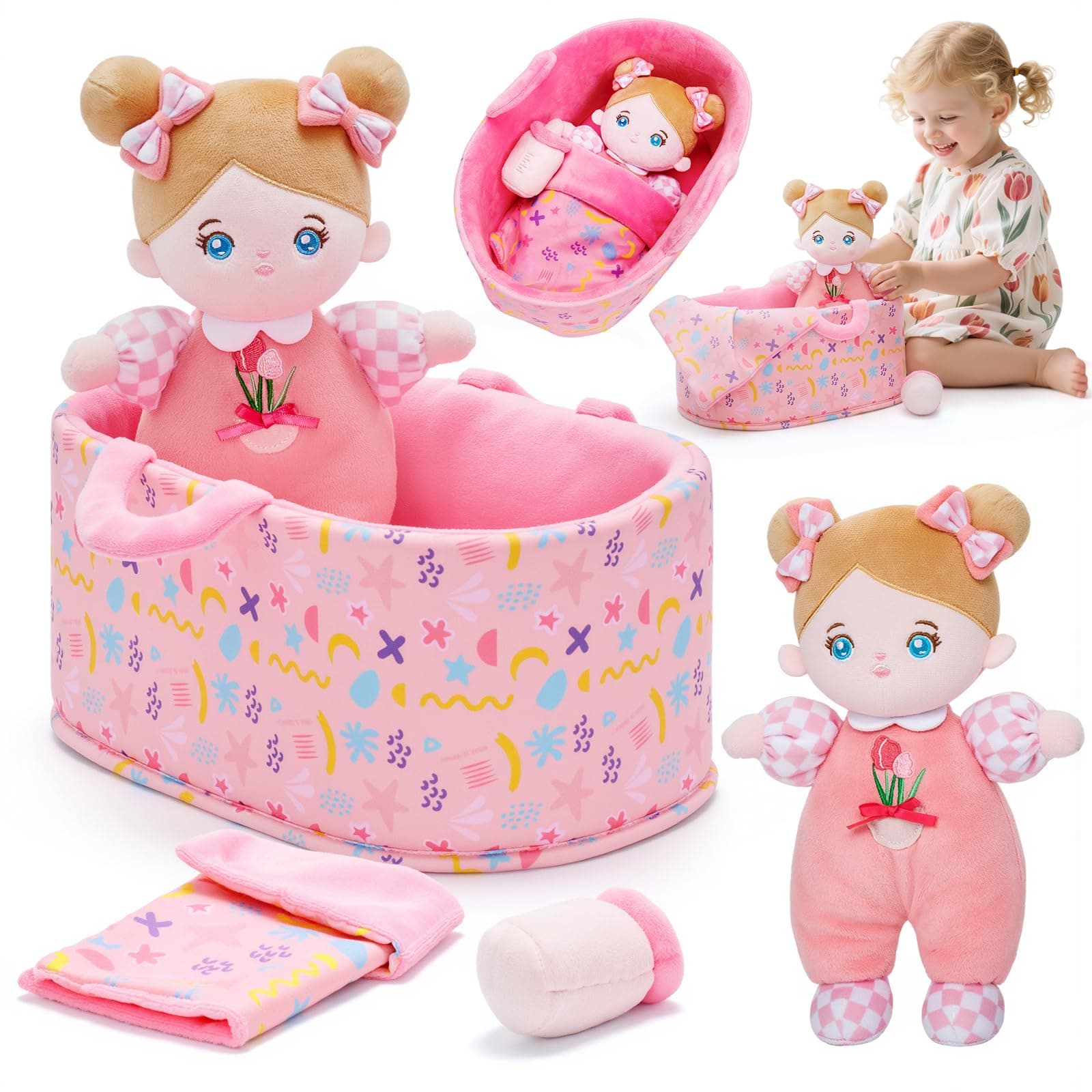 Baby Doll Accessories with Soft Doll, Bassinet, Blanket and Bottle, Interactive Pretend Playset for Social Emotional Learning, Perfect Birthday Toy & Gift for 2 Year Old Girls