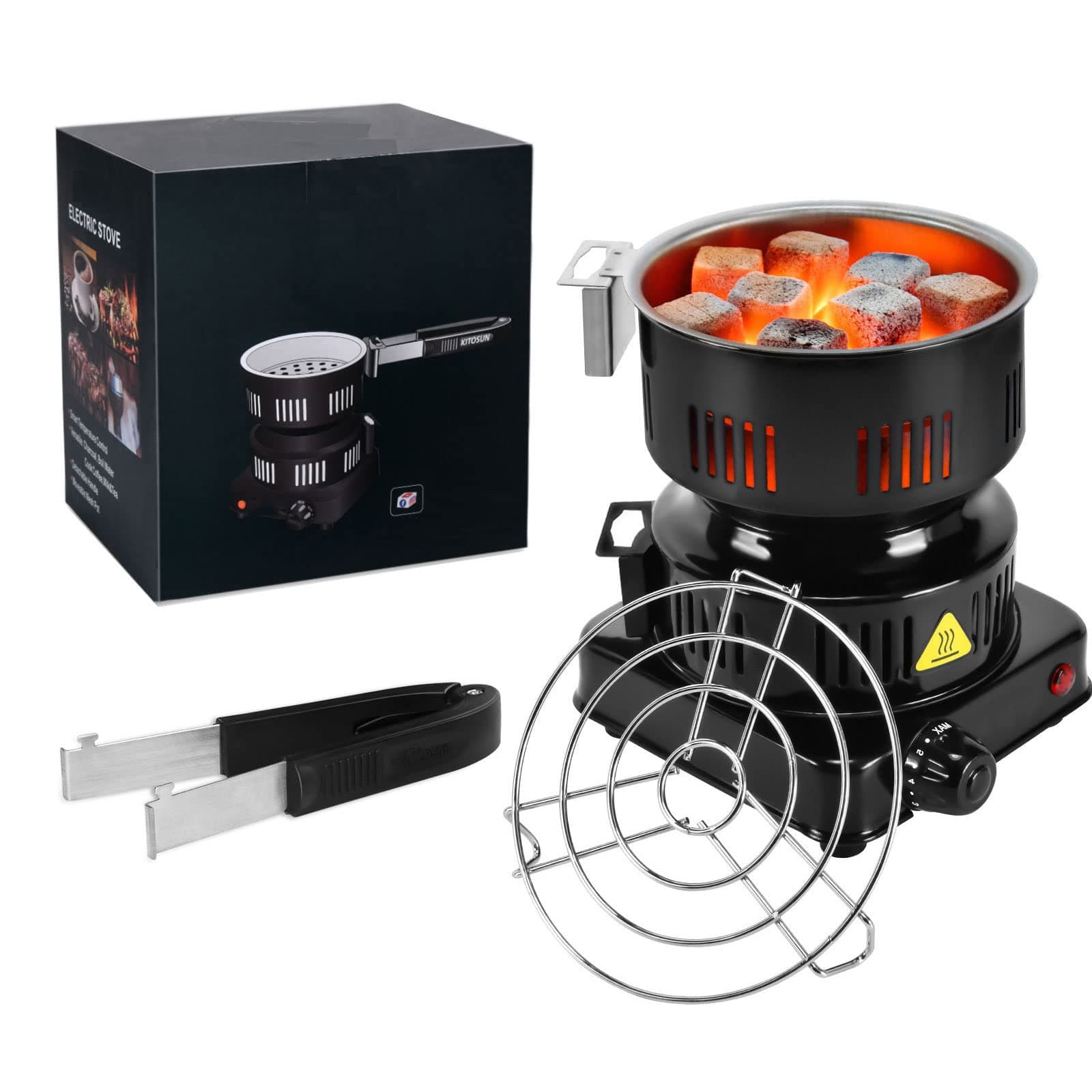 Electric Charcoal Burner Starter Stove - ETL Approved 600W Coal Burner Coconut Coals Heater Warmer with Stainless Detachable Handle Tongs | Burner for Charcoal Fast Heating Long Cable BBQ Kitchen