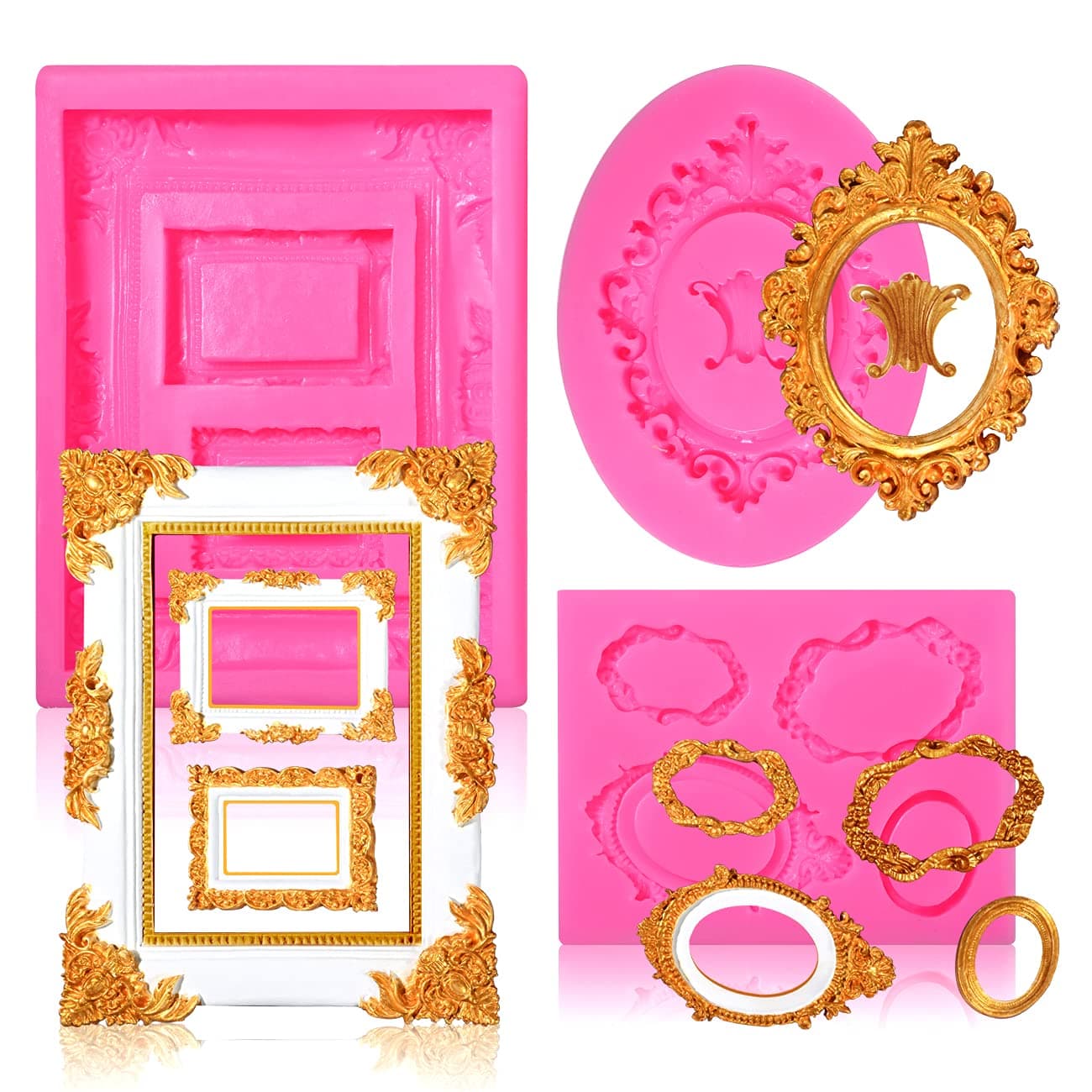 Photo Frame Silicone Mold - 3 Pack Picture Fondant Candy Chocolate Molds Cake Decorating, Sugar, Gum Paste, Chocolate, Cookies, Resin, Polymer Clay - Pink