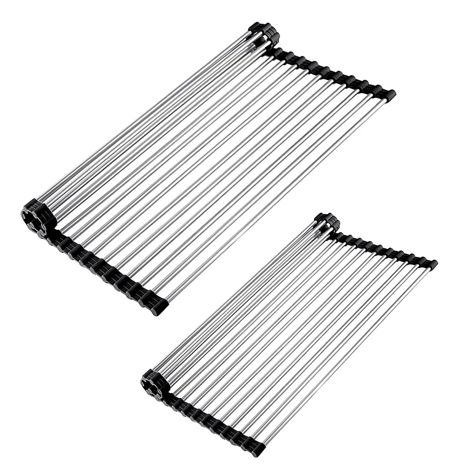 Dish Drying Rack - 2 Pack Multipurpose Stainless Steel Rollup Dish Rack Over The Sink - Foldable Rolling Drying Rack For Dishes Pot Fruit Food Meal Vegetable Kitchen Counter (11x15inch & 11x18.5inch)