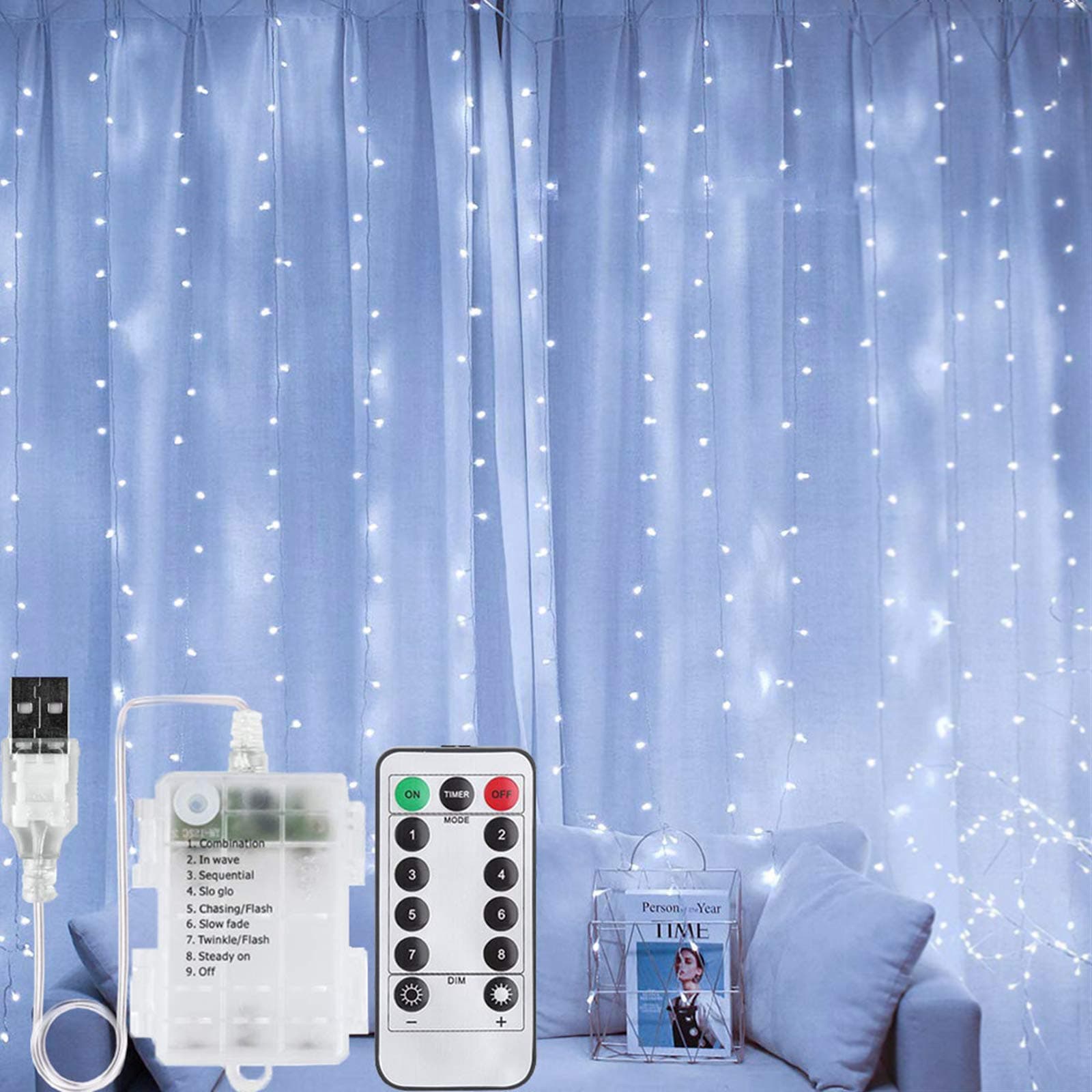 FANSIR LED Curtain Lights, Upgraded USB Powered Or Battery Operated Fairy Curtain String Lights 200 LED 8 Modes Waterproof Silver String Lights with Remote for Party Wedding Bedroom (Cool White)
