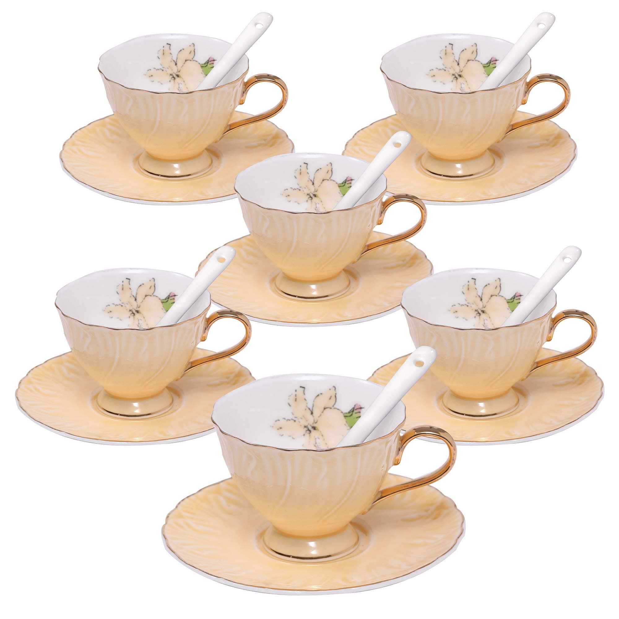 ufengke 4oz Espresso Cup and Saucer, Small Capacity Porcelain Coffee Tea Sets, Set of 6 Ceramic Coffee Cup Set - Dark Yellow