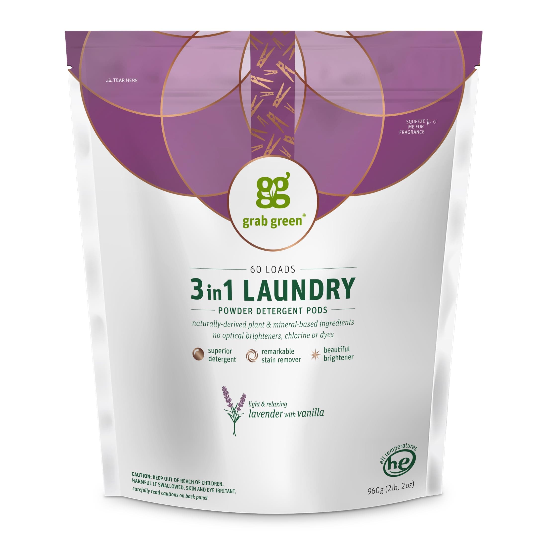 Grab Green Natural 3 in 1 Laundry Detergent Pods, Lavender + Vanilla-with Essential Oils, Organic Enzyme-Powered, Plant & Mineral-Based, White, 34 Oz, 60 Count