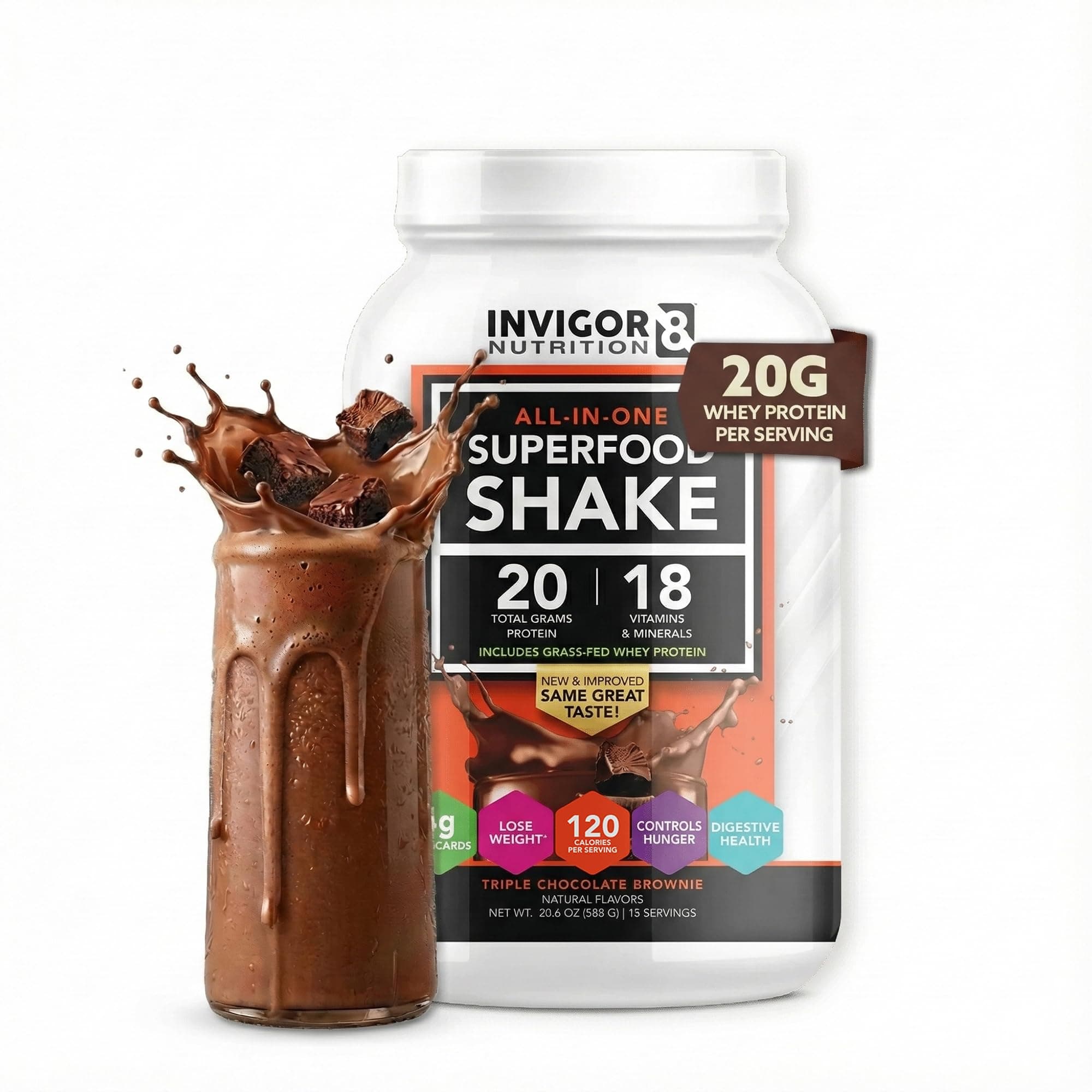 - INVIGOR8 Superfood Grass Fed Whey Protein Isolate Shake Chocolate Brownie Gluten-Free and Non GMO Meal Replacement with Probiotics and Omega 3 (645g)