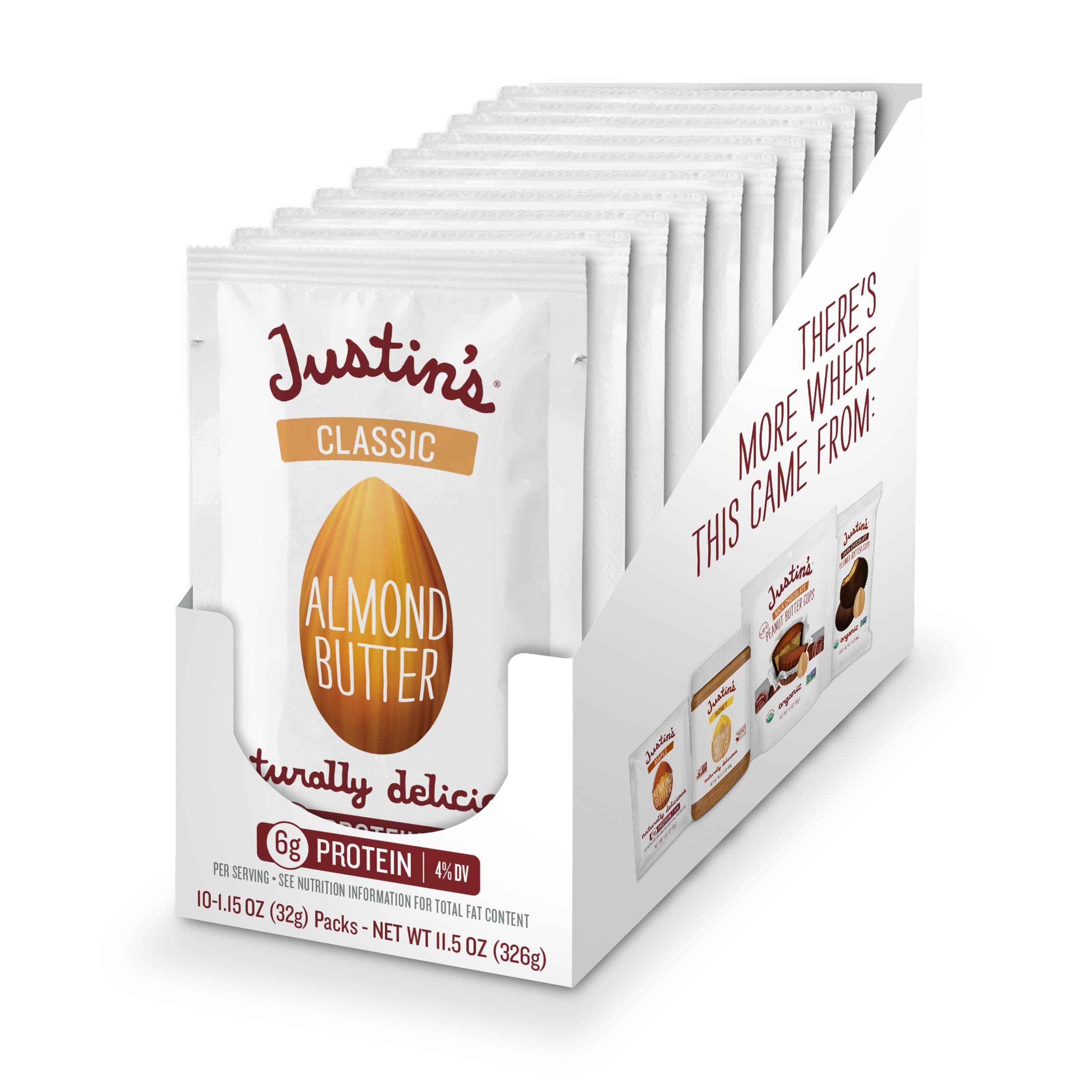 Classic Almond Butter Squeeze Packs by Justin's, Only Two Ingredients, Gluten-, Non-GMO, Keto-friendly Responsibly Sourced, Pack of 10 (1.15oz each)