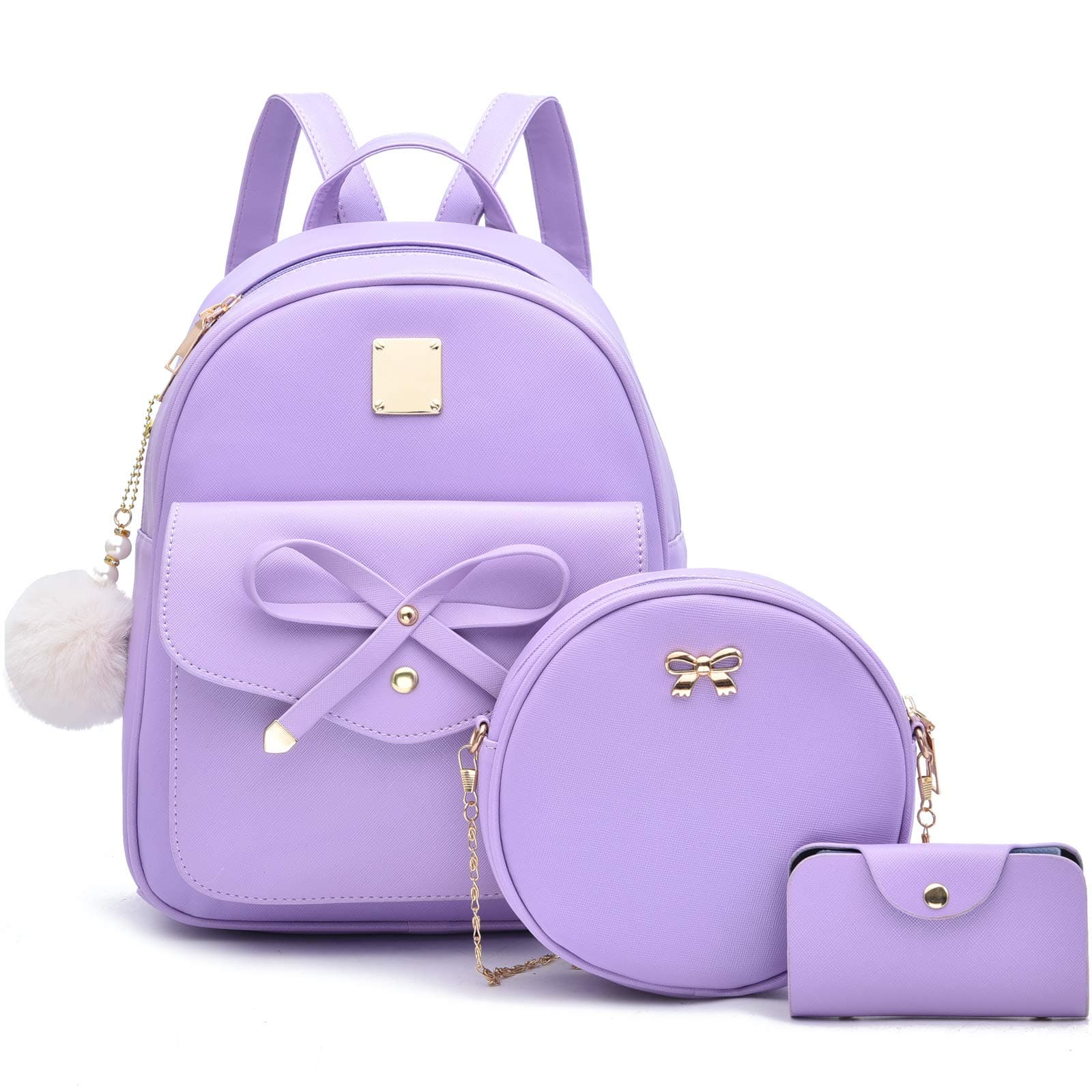 Girls Bowknot 3-Pieces Fahsion Leather Backpack Backpack Purse for Women Rucksack for Ladies Shoulder Bag