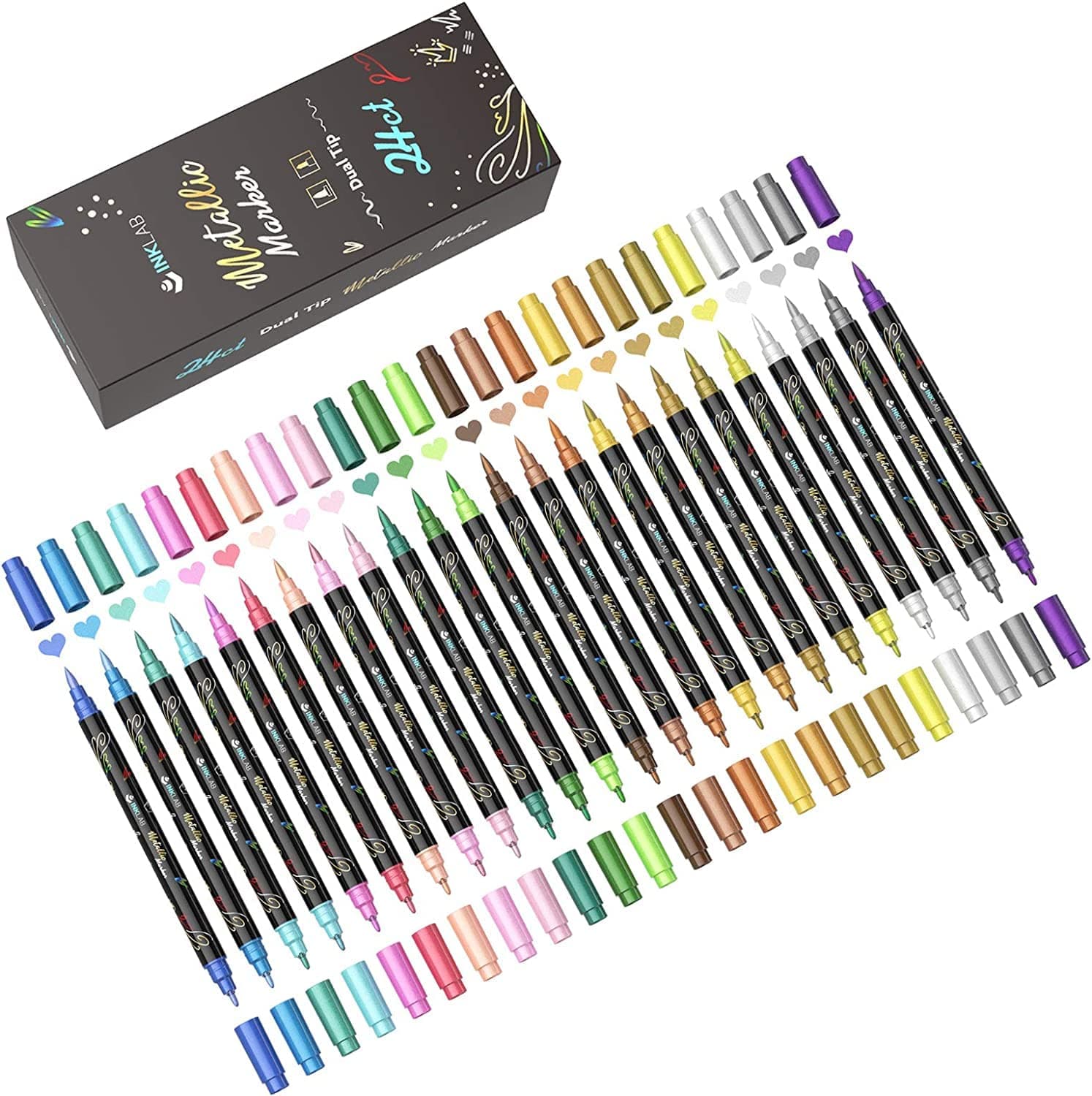 INK LAB Metallic Marker Pens Dual Tip 24 Color Metallic Paint Pens for Black Paper Rock Album Scrapbook Metal Ceramic Glass, Medium & Brush Tip