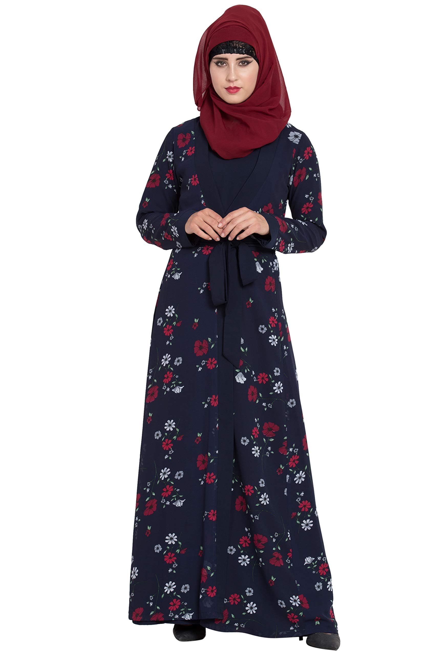 Latest Abaya Design with Attached Shrug & Belt Navy Blue SHAB-031