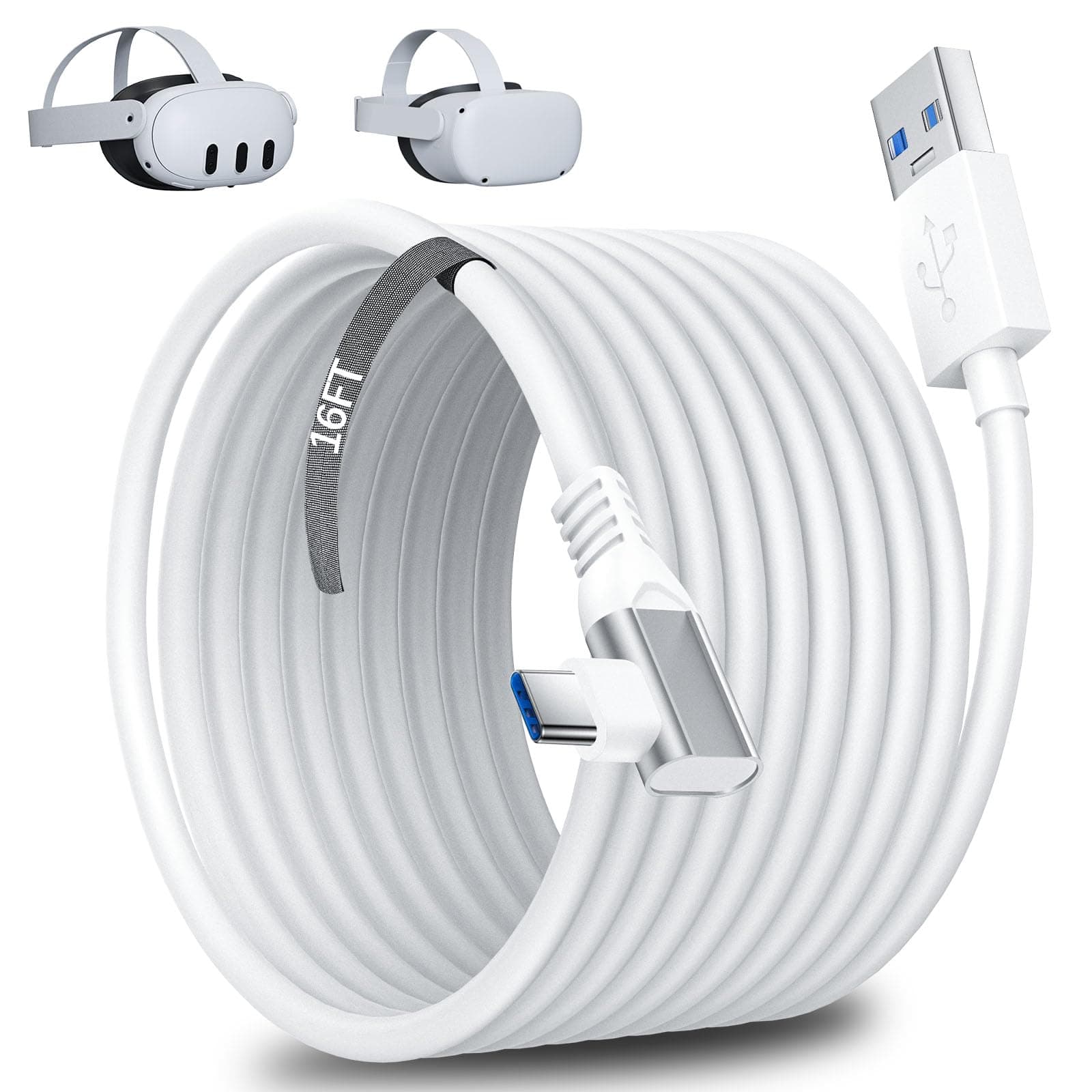 iMangoo VR Link Cable 16FT for Meta Oculus Quest 3S Quest 3 2 Pro Pico 4,USB 3.0 High Speed PC Data Transfer Long Extention Cord for PCVR Virtual Reality Headset to PC Steam Gaming Accessories White