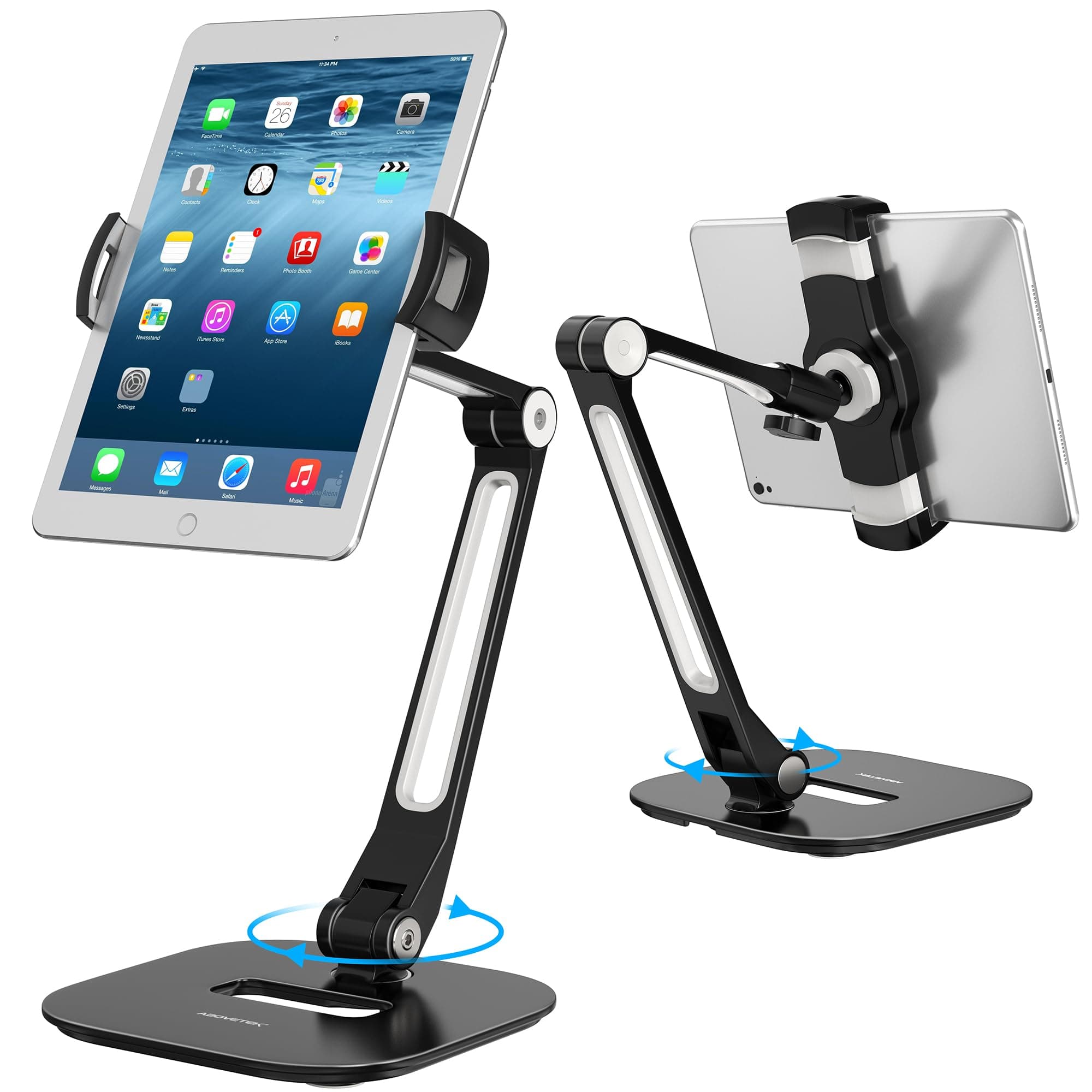 AboveTEK Long Arm Aluminum Tablet Stand, Folding iPad Stand with 360° Swivel iPhone Clamp Mount Holder, Fits 4-11" Display Tablet/Phones for Kitchen Table Office Desk POS Kiosk (11.43-19.05 CM)