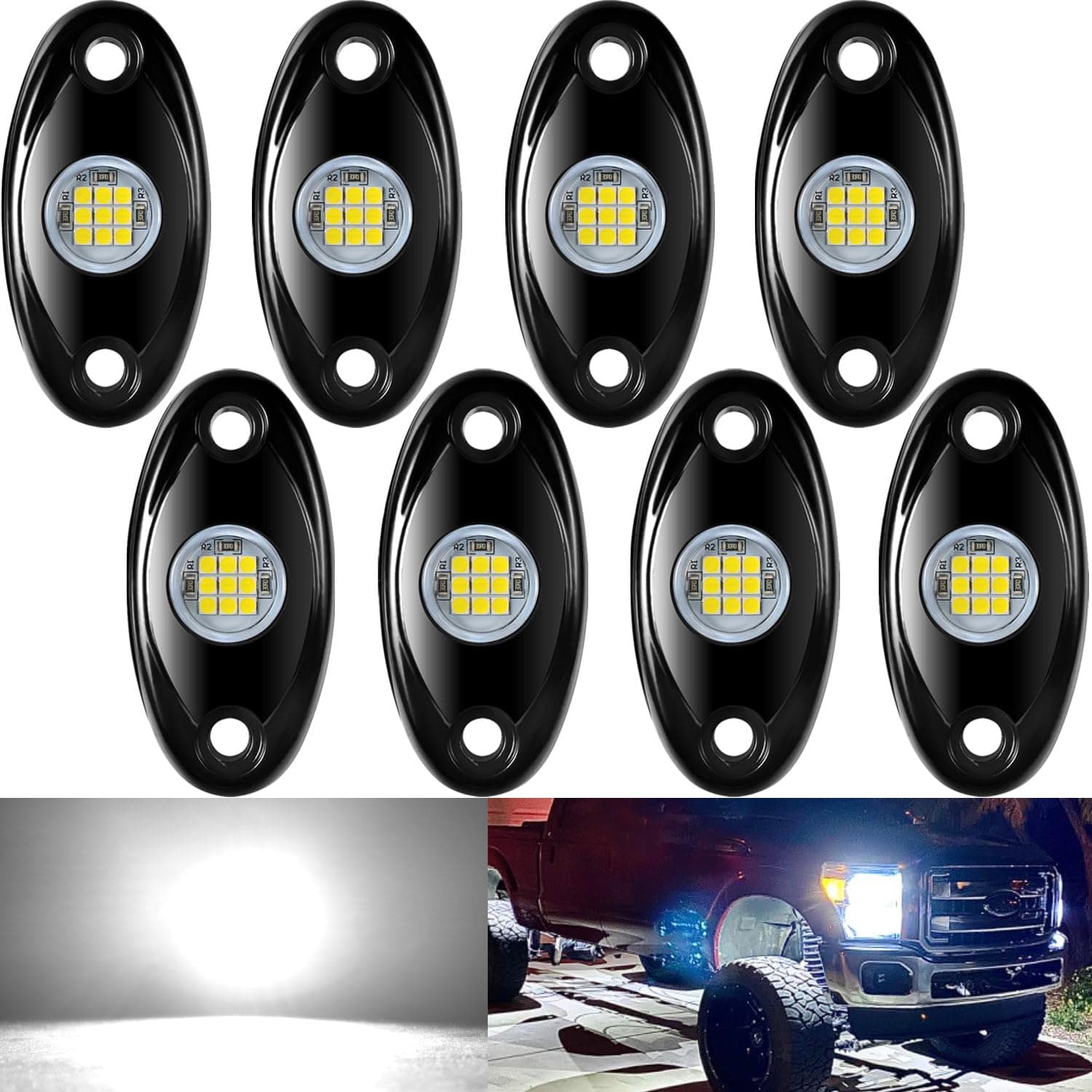 8 Pods LED Rock Light Kit for ATV SUV Offroad Car Truck Boat Underbody Glow Trail Rig Lamp Underglow LED Neon Lights Waterproof - White