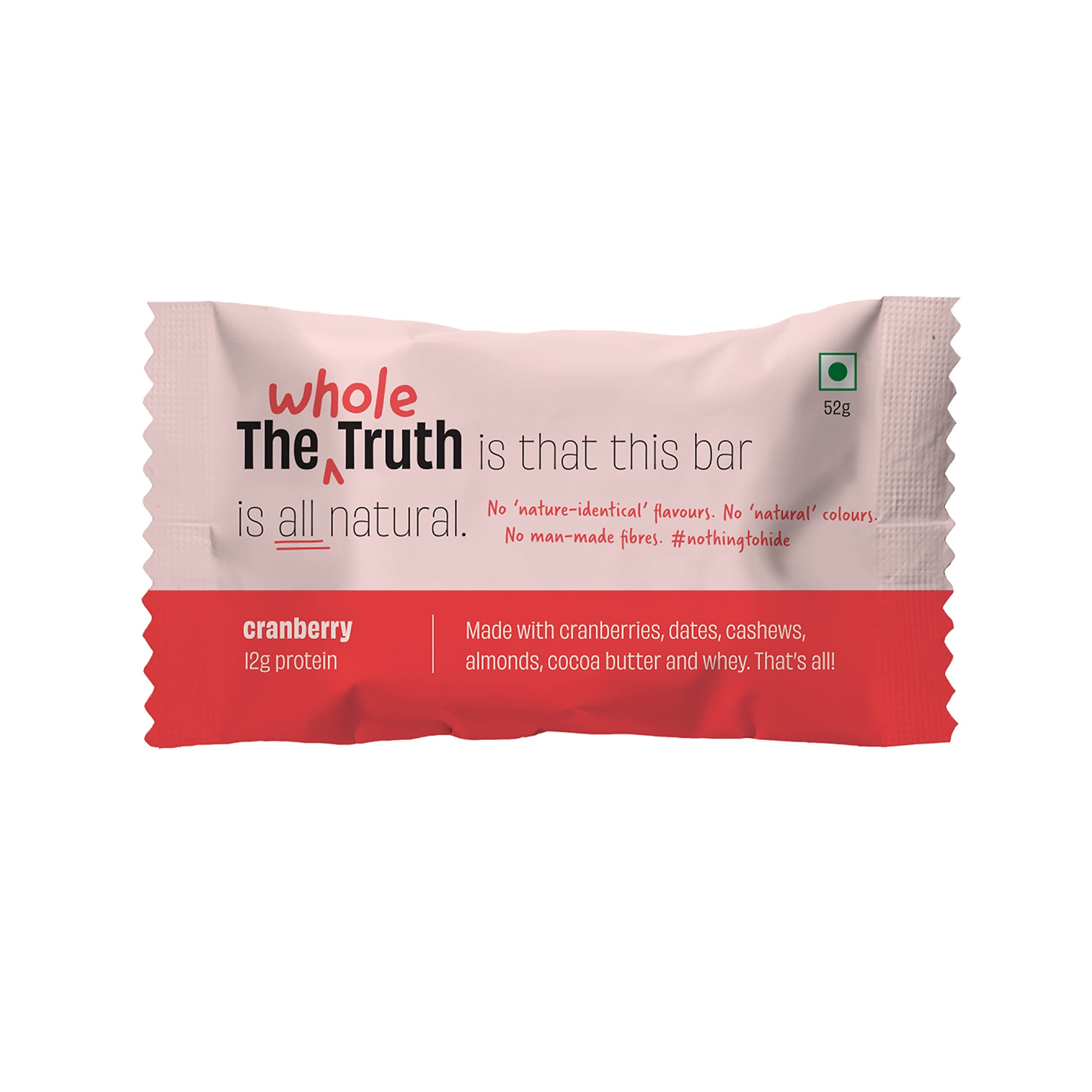 The Whole Truth - Protein Bars Cranberry Pack Of 6 X 52G Each No Added Sugar No Preservatives No Artificial Sweeteners No Gluten Or Soy All Natural Ingredients