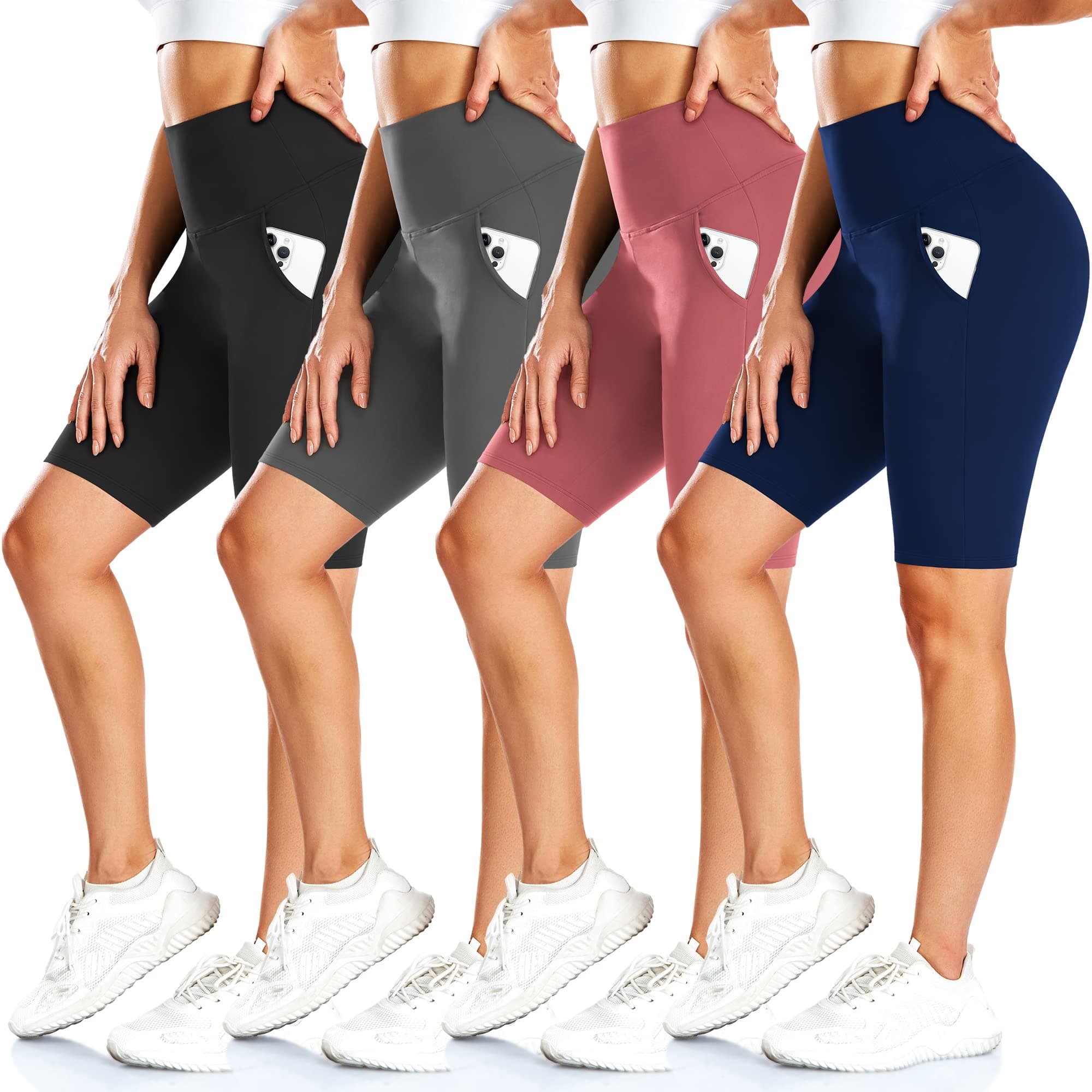 4 Pack Biker Shorts for Women with Pockets – 8" High Waisted Tummy Control Workout Yoga Running Shorts