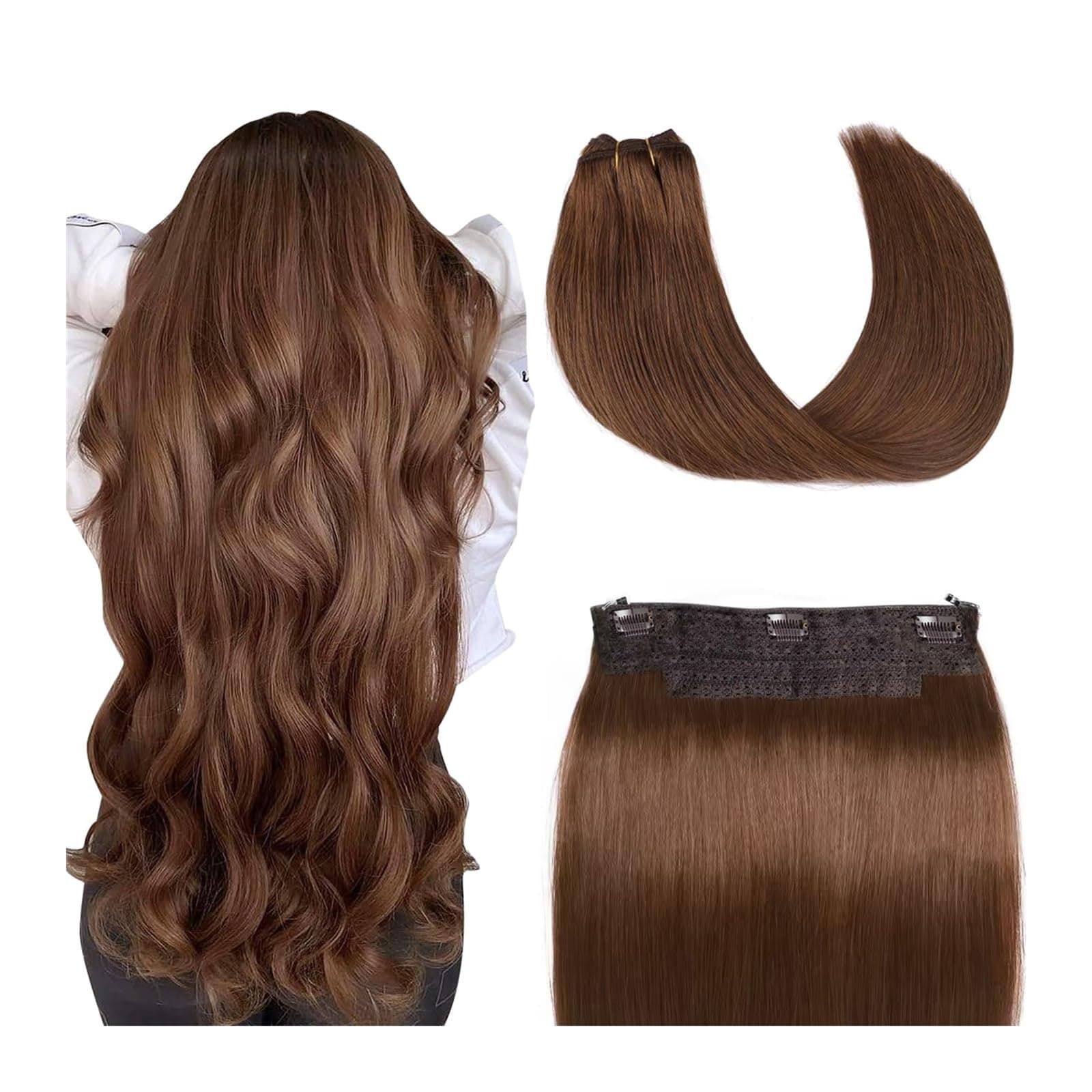 Hair Extensions 16-26 inch Wire Hair Extensions Real Human Hair, Wire Hair Silky Straight Dark Brown Human Hair Extensions One Piece Wire Hair Extensions with Fish Line Hair Extensions Clip in ( Color