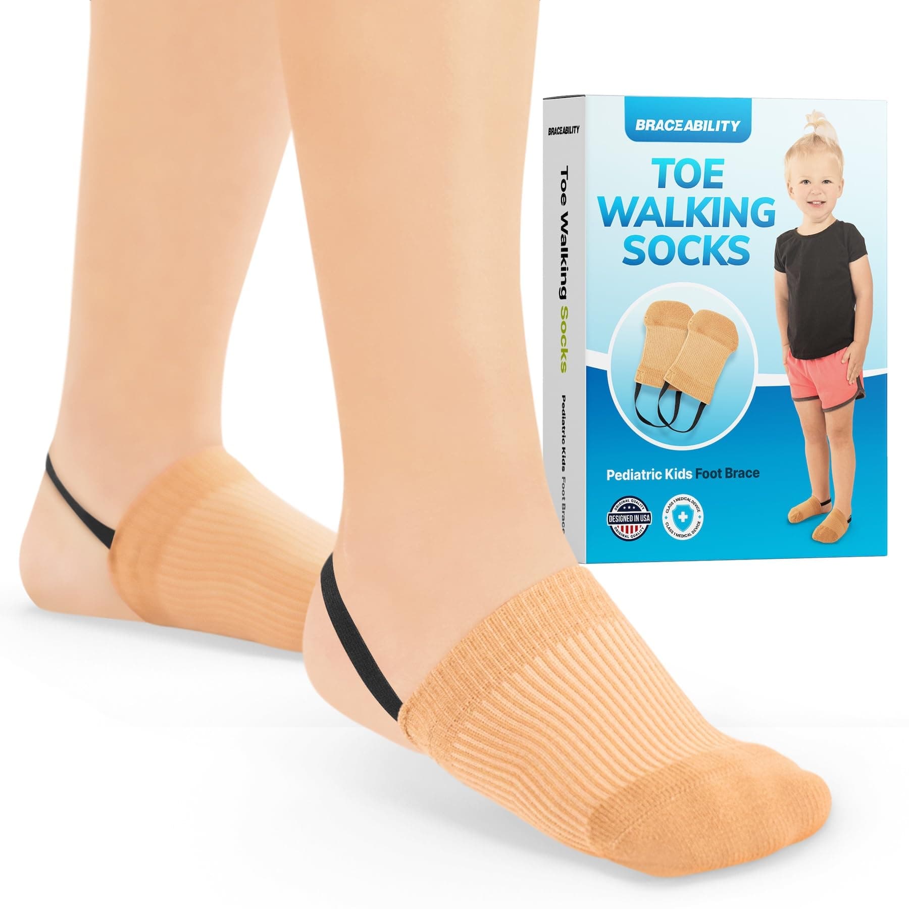 BraceAbility Toe Walking Socks (Pair) - Pediatric Kids Foot Brace for Comfortable Tip Toe Walking Prevention and Correction for Children and Toddlers, Cerebral Palsy Equipment, ADHD Support (L -