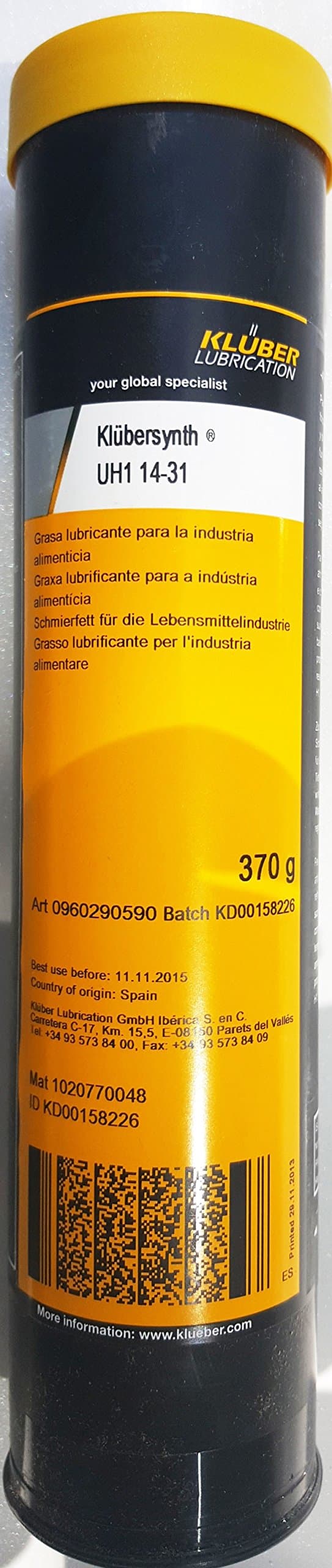 Kluber Lubrication Klubersynth UH1 14-31 Synthetic Food Grade Smooth-Running Grease for Friction Points in Freeze and Deep Freeze Tunnels- Chains 370g Cartridge