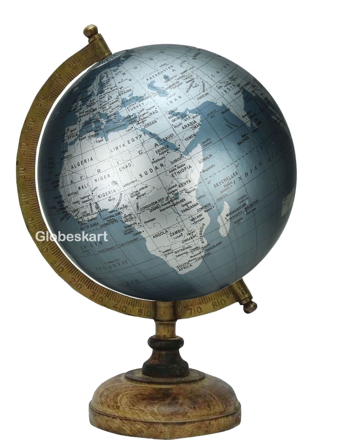 Educational/Antique Globe with Brass Antique Arc and Wooden Base/World Globe/Home Decor/Office Decor/Gift Item / 8 inches (Marquise Silver)