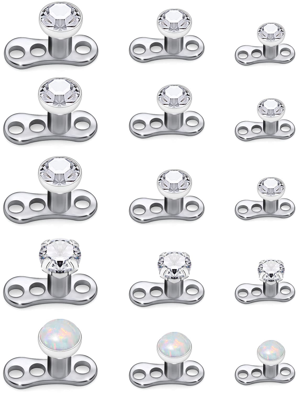 14G Titanium Dermal Piercing Jewelry - Hypoallergenic Base & Top - Internally Threaded Clear CZ Opal Crystal Top - 15PCS