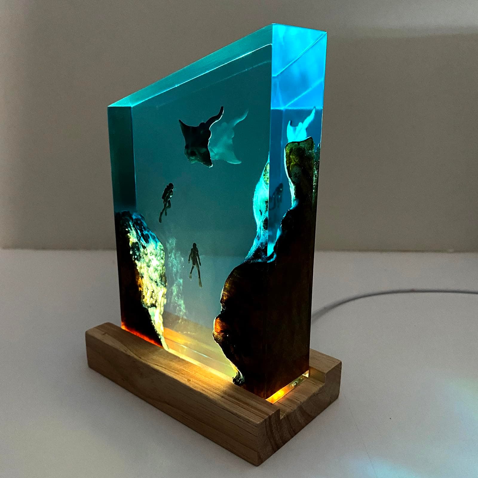 A Grand Resin Night Light with Simulated Ocean Landscapes, bat Fish, and Divers. Artistic Home Decoration, Birthday Gift Handmade from Resin and Solid Wood.